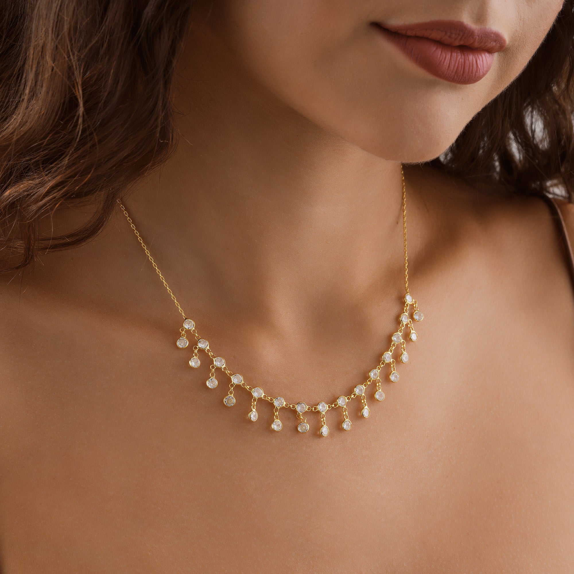 14K Gold Plated Dainty Drop Necklace, White Color CZ Dangle Choker, 925 Sterling Silver