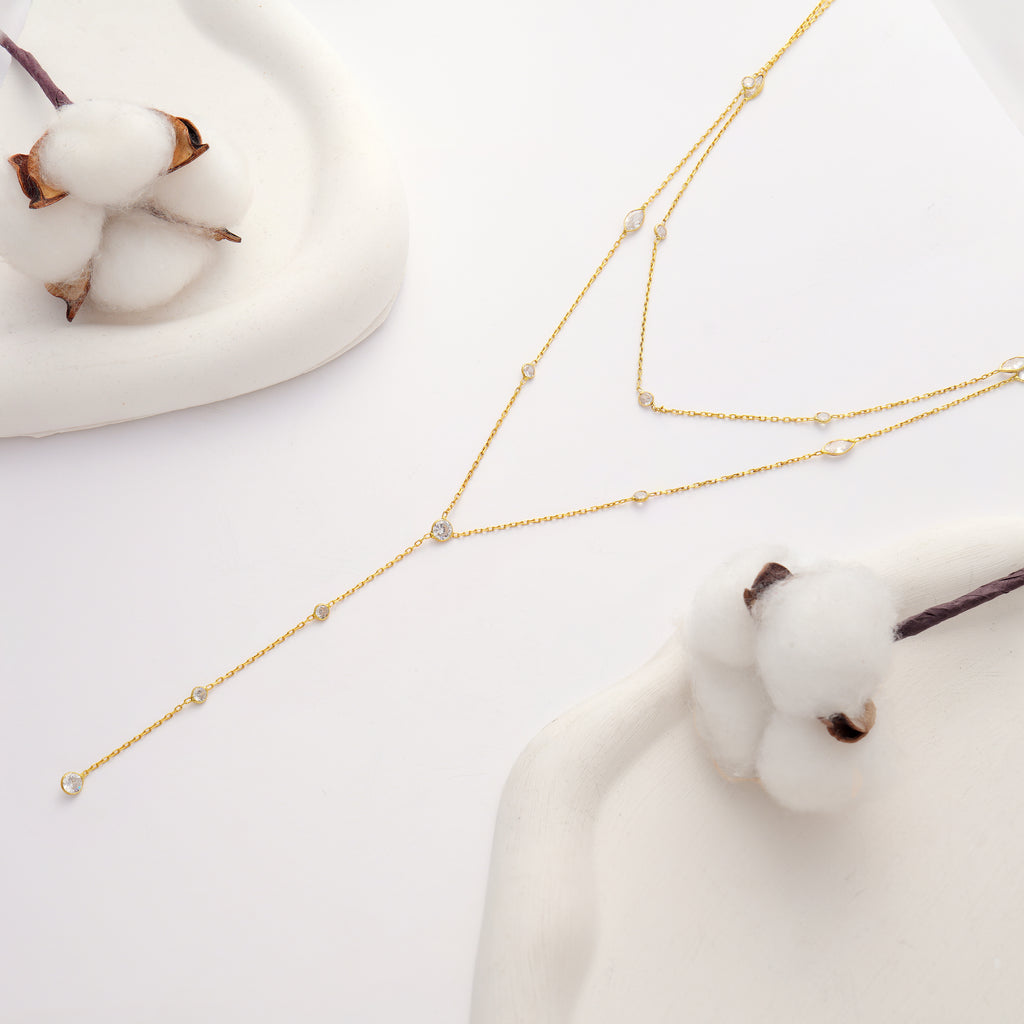 925 Sterling Silver Layered Lariat Necklace, White Color CZ Station Y-Necklace