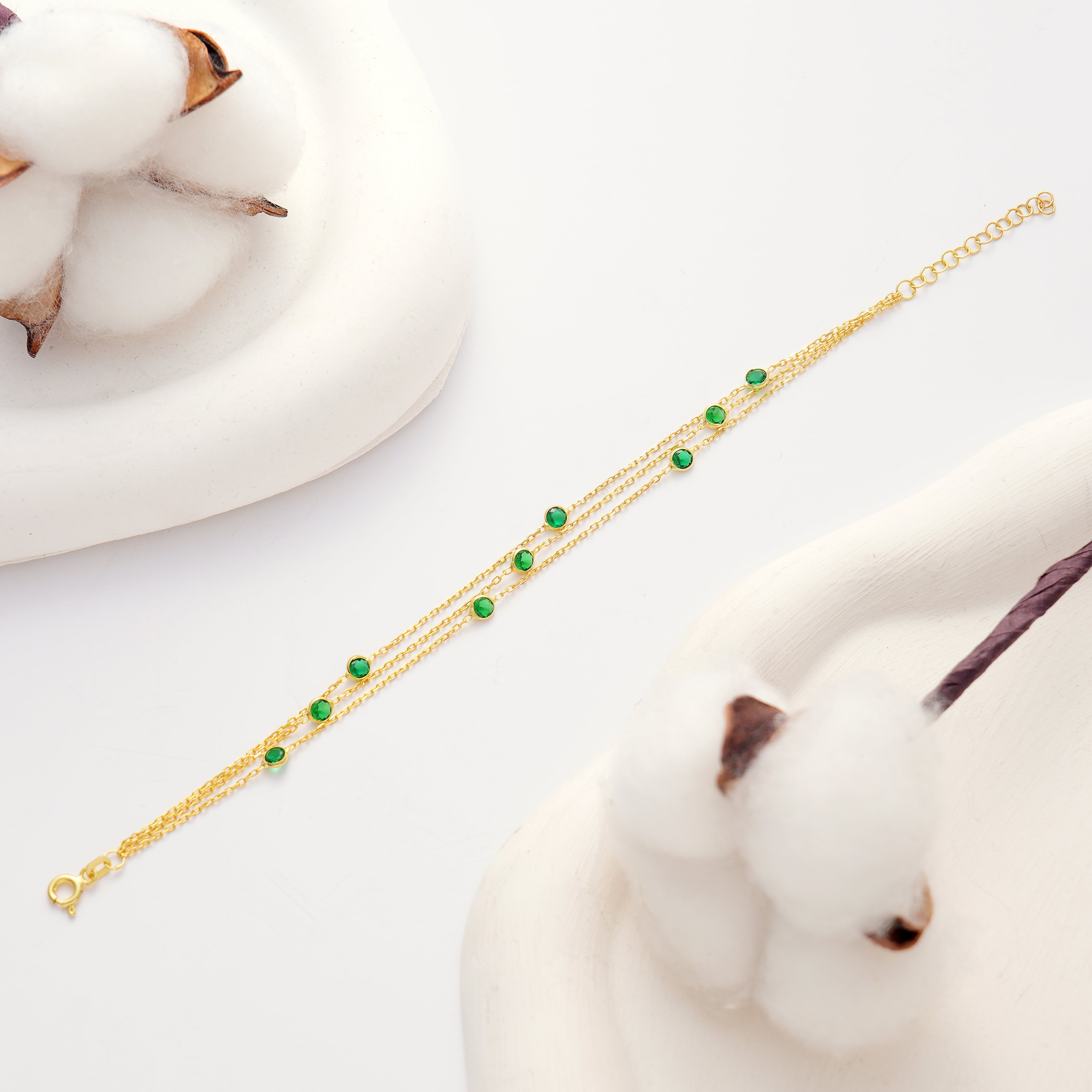 14K Gold Plated 925 Sterling Silver Emerald Green CZ Three Strand Bracelet