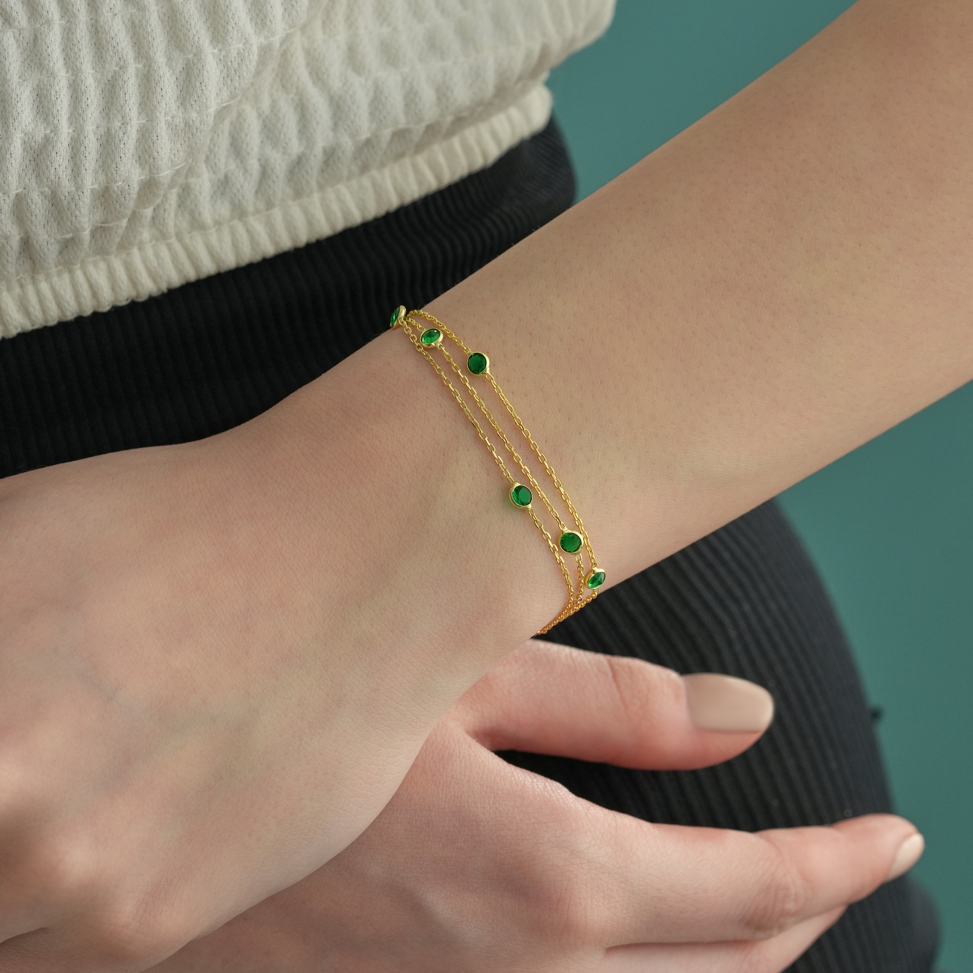 14K Gold Plated 925 Sterling Silver Emerald Green CZ Three Strand Bracelet