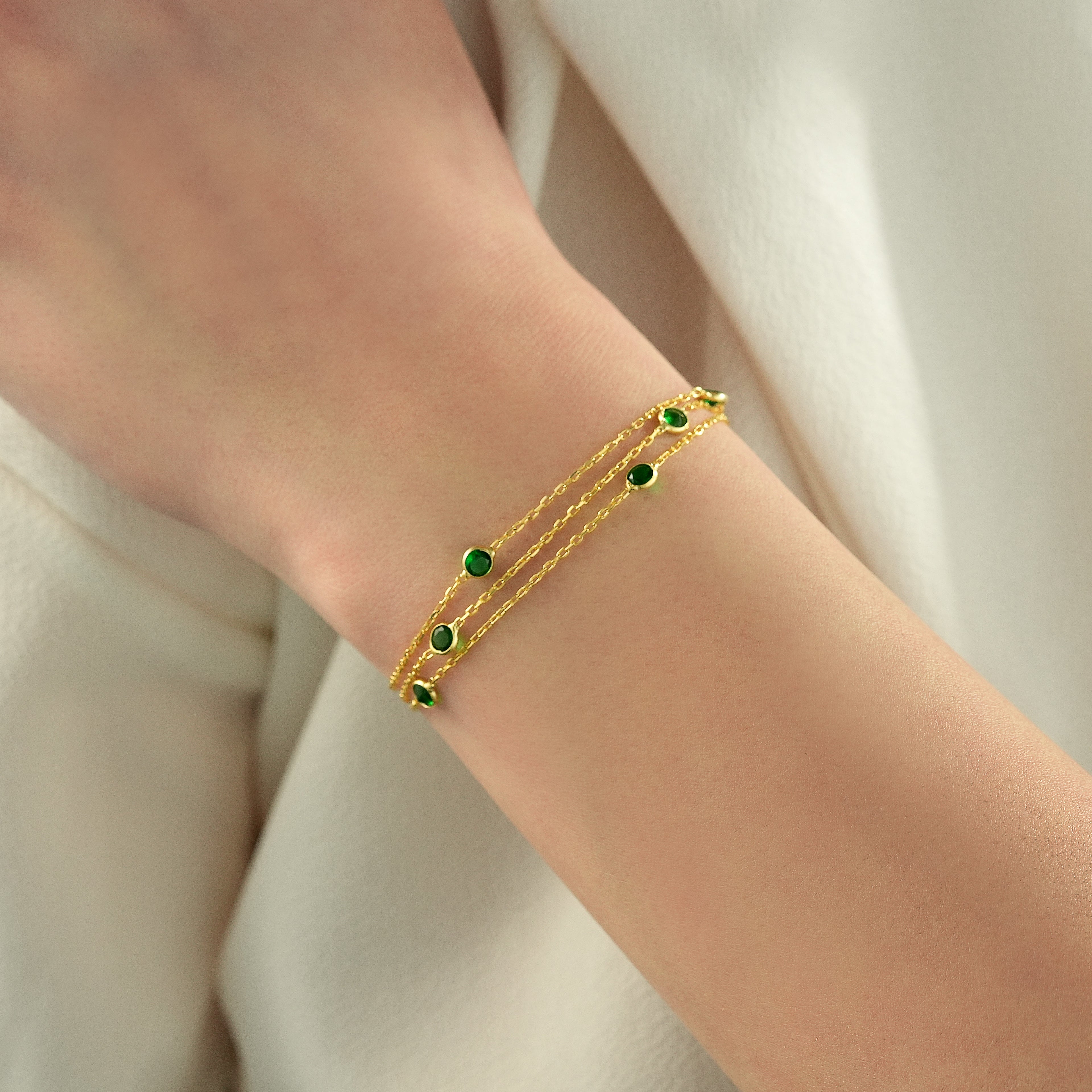 14K Gold Plated 925 Sterling Silver Emerald Green CZ Three Strand Bracelet
