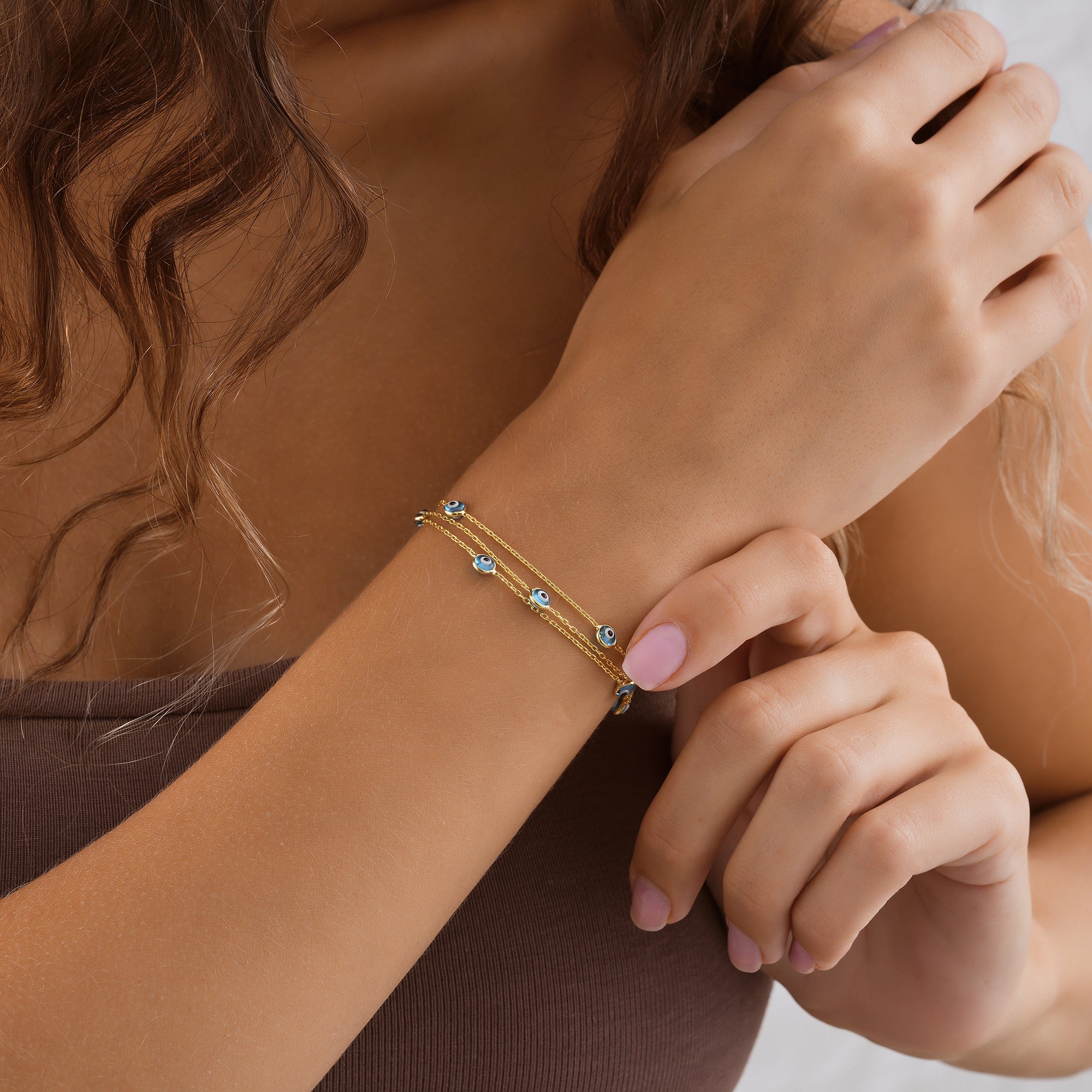 14K Gold Plated Evil Eye Bracelet, Double Layer Nazar Bracelet, 925 Sterling Silver