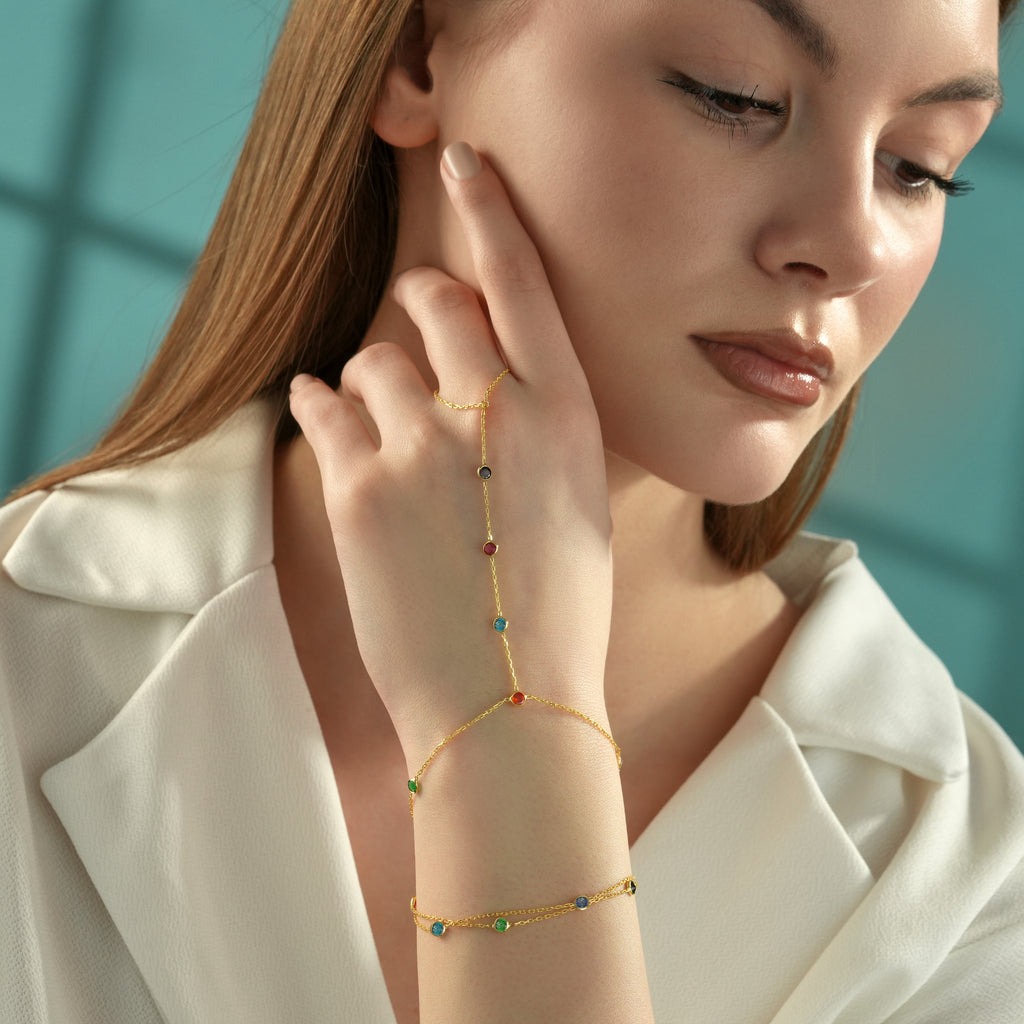 14K Gold Plated Hand Chain Bracelet, Multi Color Cubic Zirconia Ring Bracelet, 925 Sterling Silver