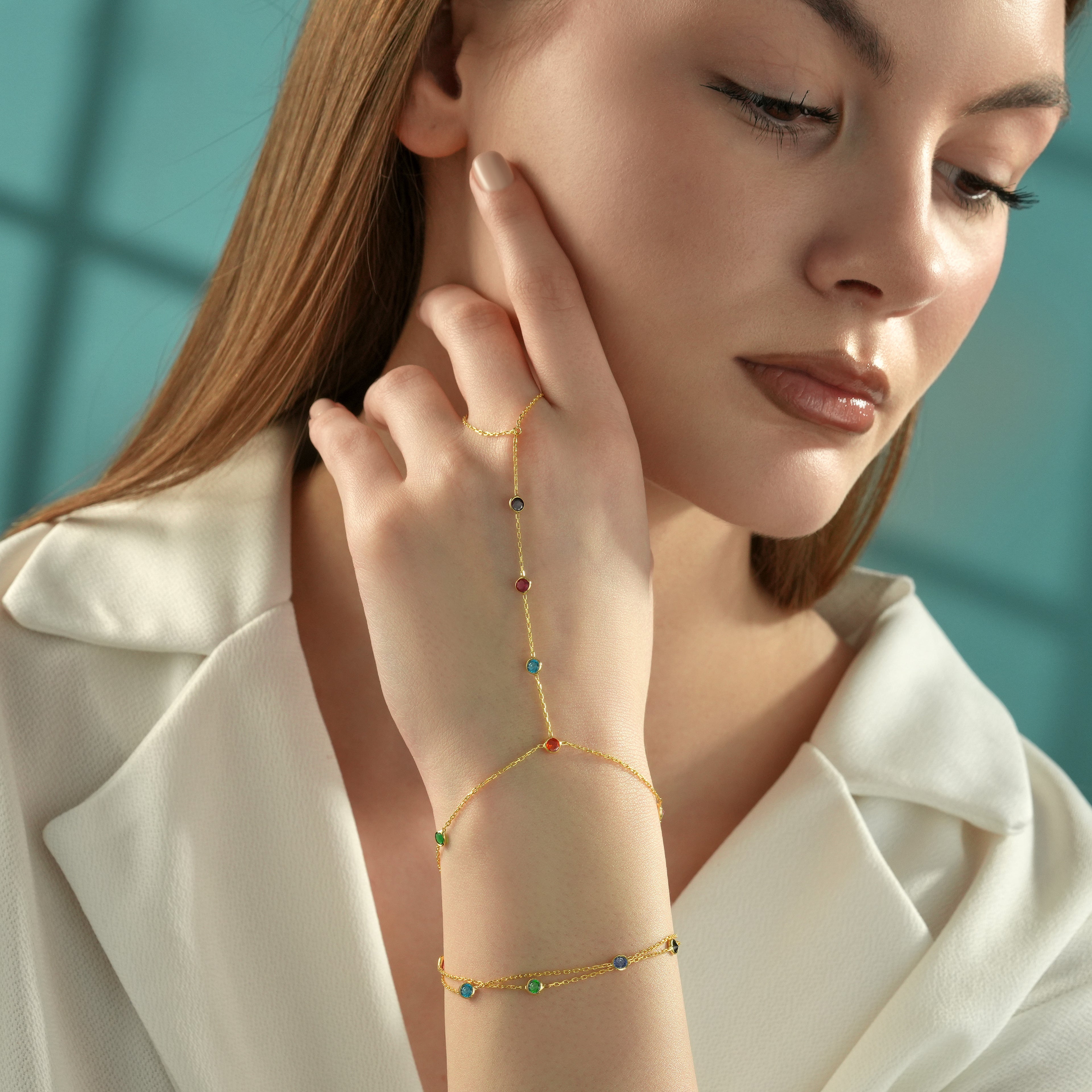 14K Gold Plated Hand Chain Bracelet, Multi Color Cubic Zirconia Ring Bracelet, 925 Sterling Silver