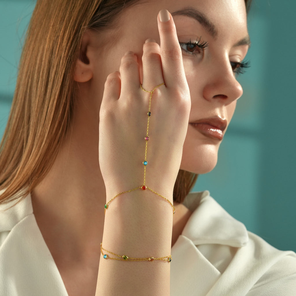 14K Gold Plated Hand Chain Bracelet, Multi Color Cubic Zirconia Ring Bracelet, 925 Sterling Silver