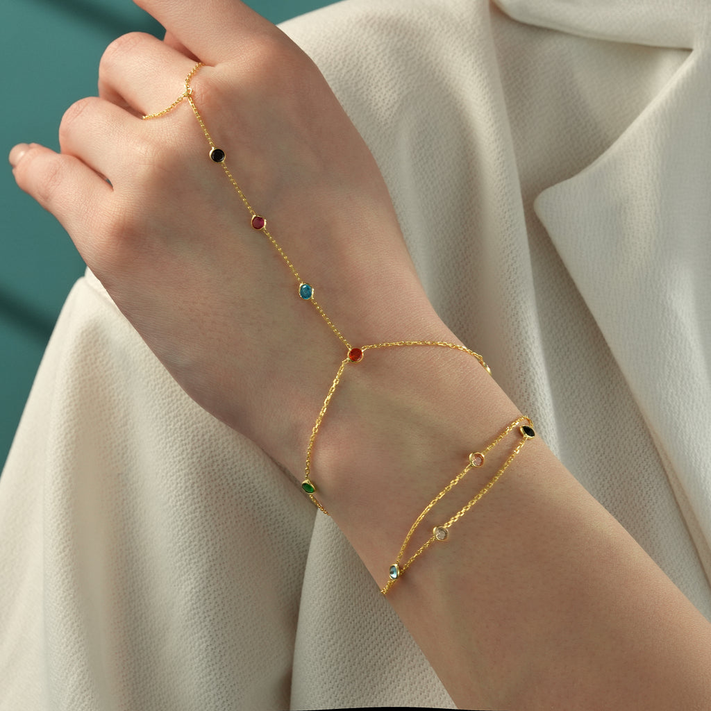 14K Gold Plated Hand Chain Bracelet, Multi Color Cubic Zirconia Ring Bracelet, 925 Sterling Silver