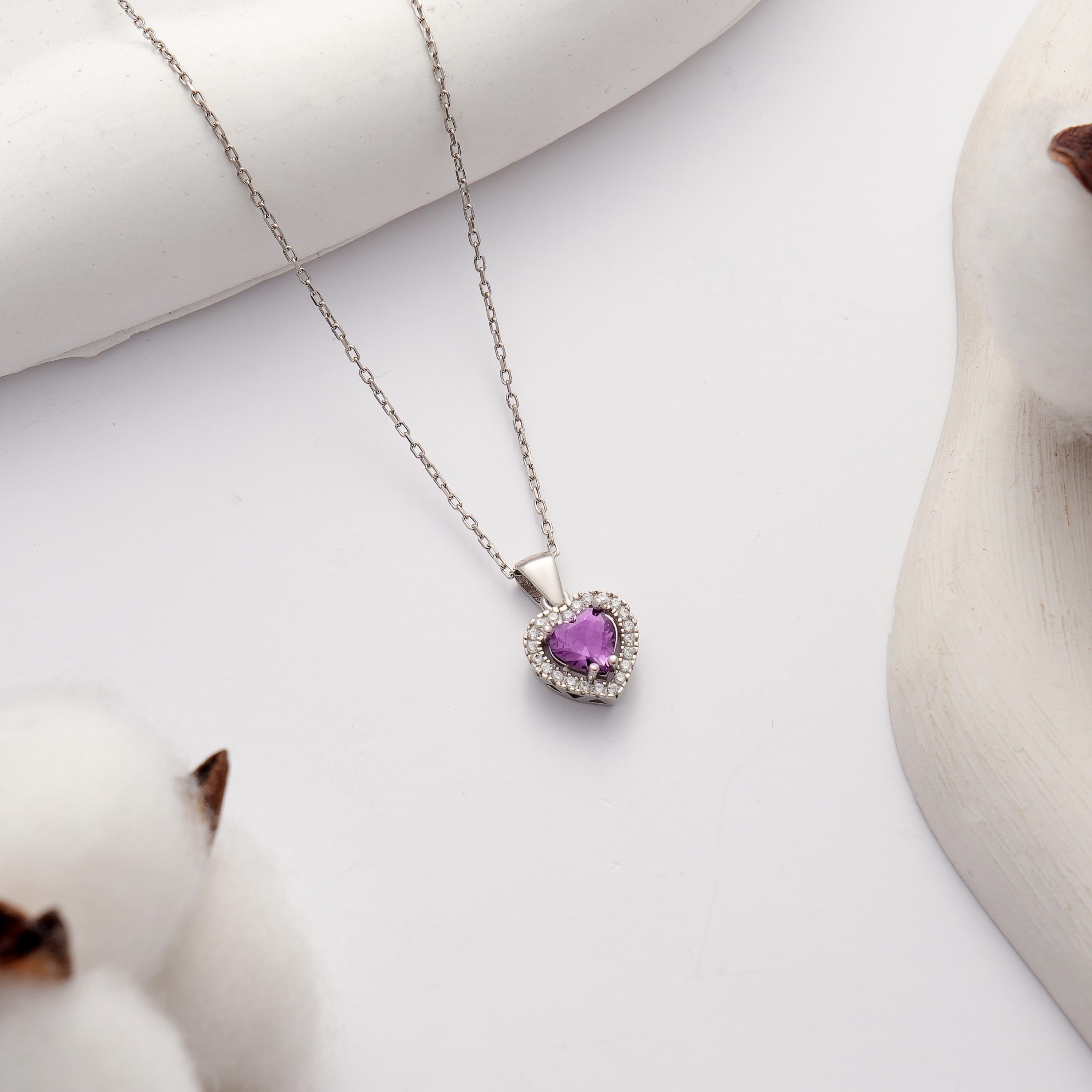 Amethyst-lila CZ-Herz-Halo-Halskette aus 925er Sterlingsilber
