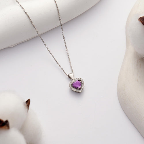Amethyst Purple CZ Heart Halo Necklace in 925 Sterling Silver