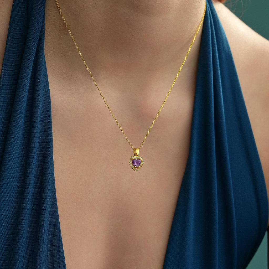 Amethyst-lila CZ-Herz-Halo-Halskette aus 925er Sterlingsilber
