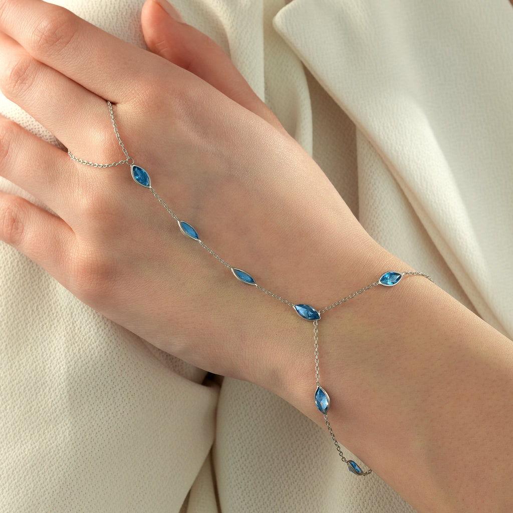 Aquamarine Blue CZ Hand Chain Bracelet – 925 Sterling Silver