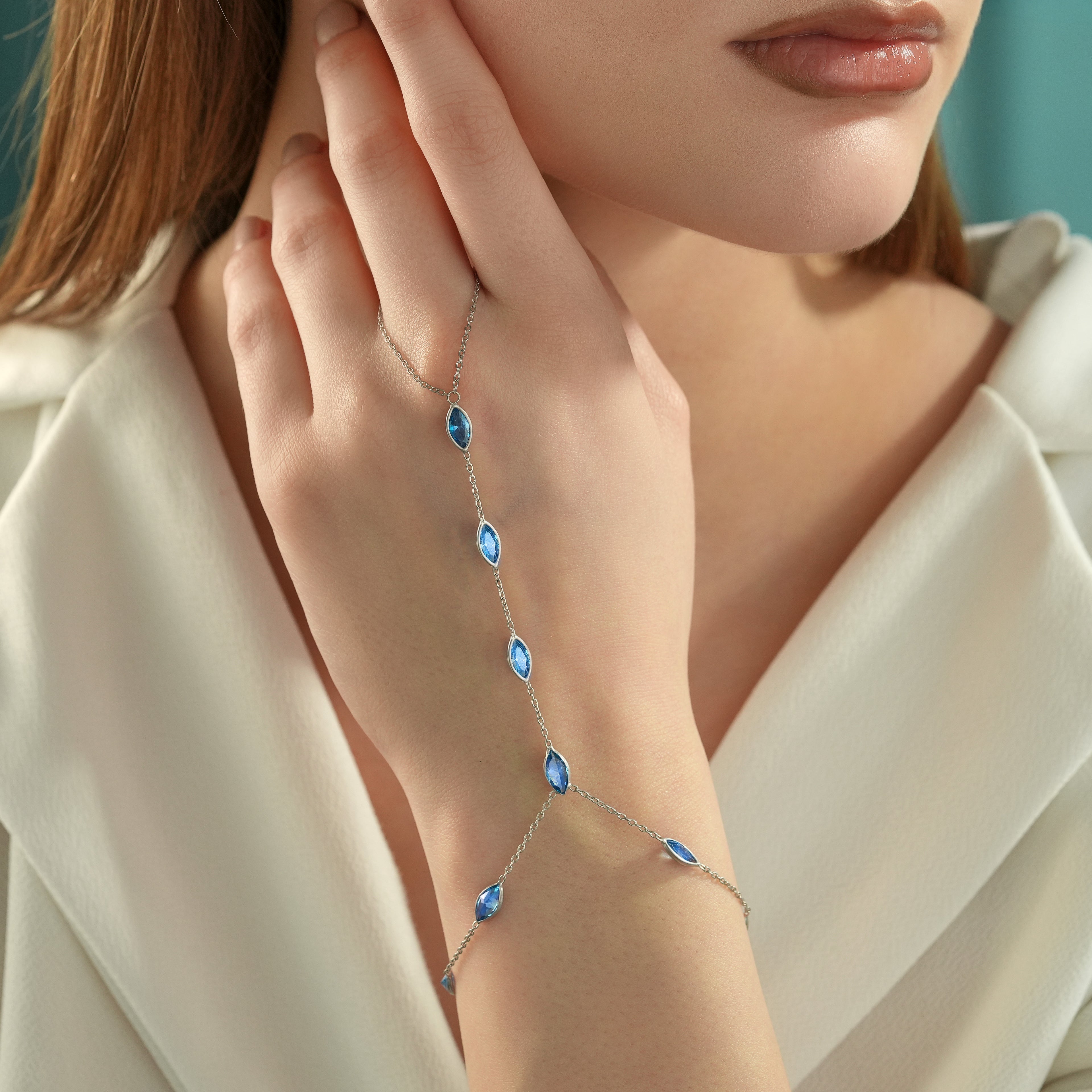 Aquamarine Blue CZ Hand Chain Bracelet – 925 Sterling Silver