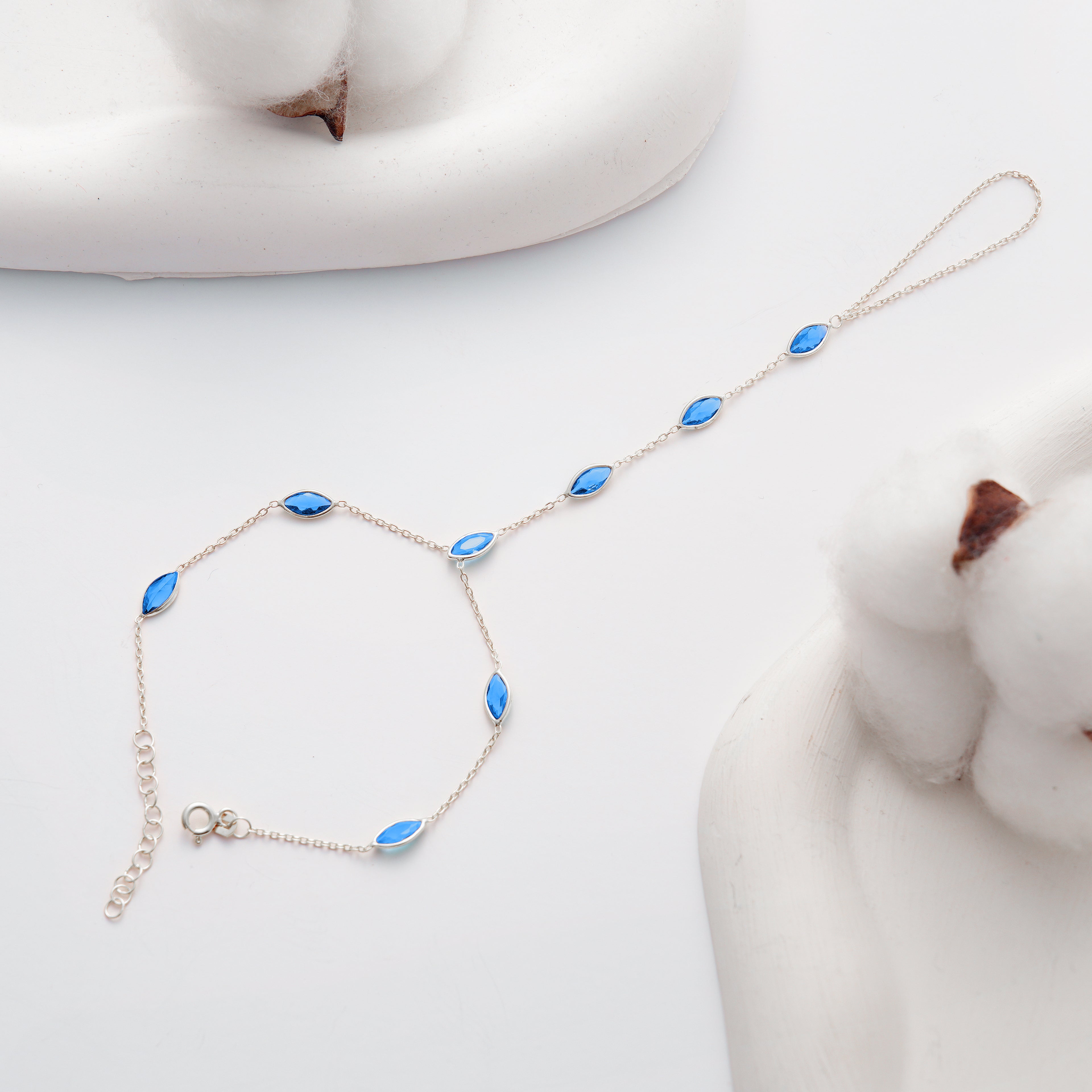 Aquamarine Blue CZ Hand Chain Bracelet – 925 Sterling Silver