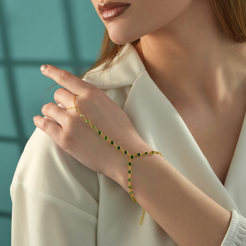18K Gold Plated Green Ombre CZ Hand Chain Bracelet – 925 Sterling Silver