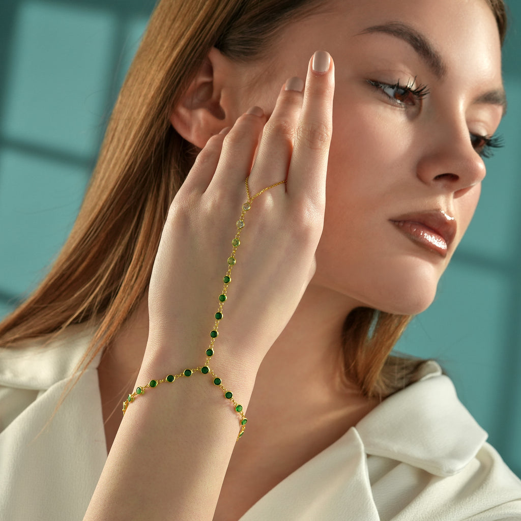 18K Gold Plated Green Ombre CZ Hand Chain Bracelet – 925 Sterling Silver