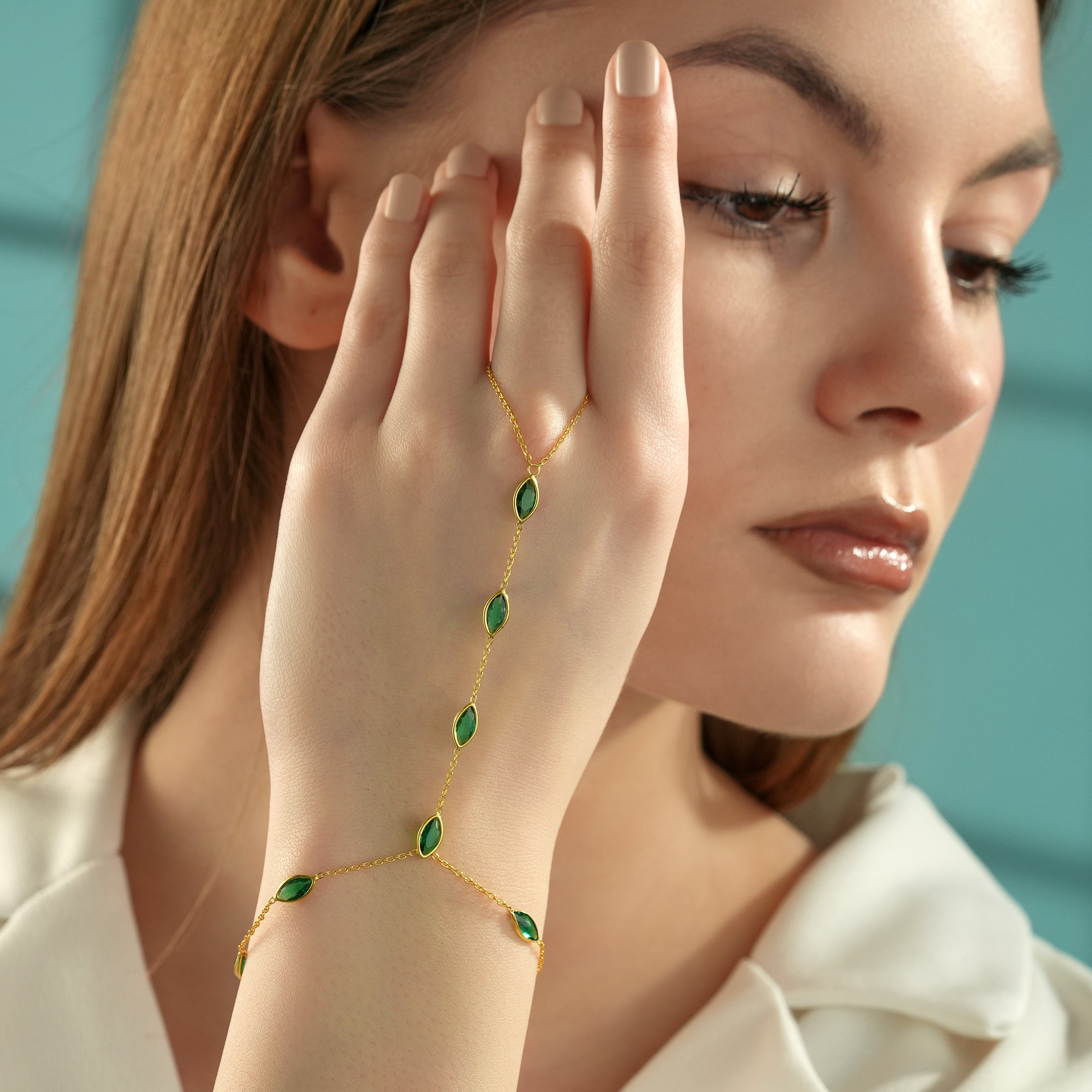 18K Gold Plated Emerald Green CZ Hand Chain Bracelet – 925 Sterling Silver