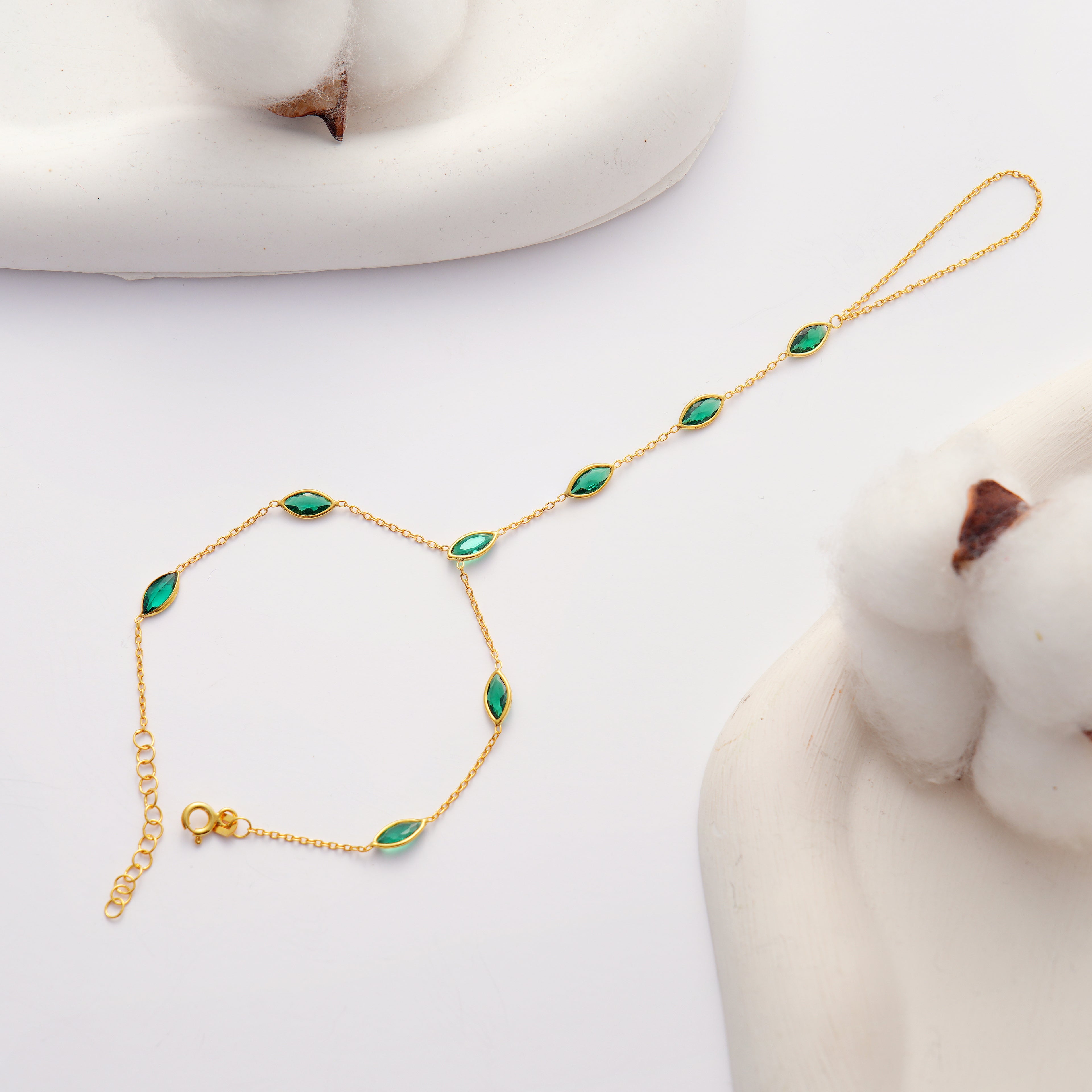 18K Gold Plated Emerald Green CZ Hand Chain Bracelet – 925 Sterling Silver