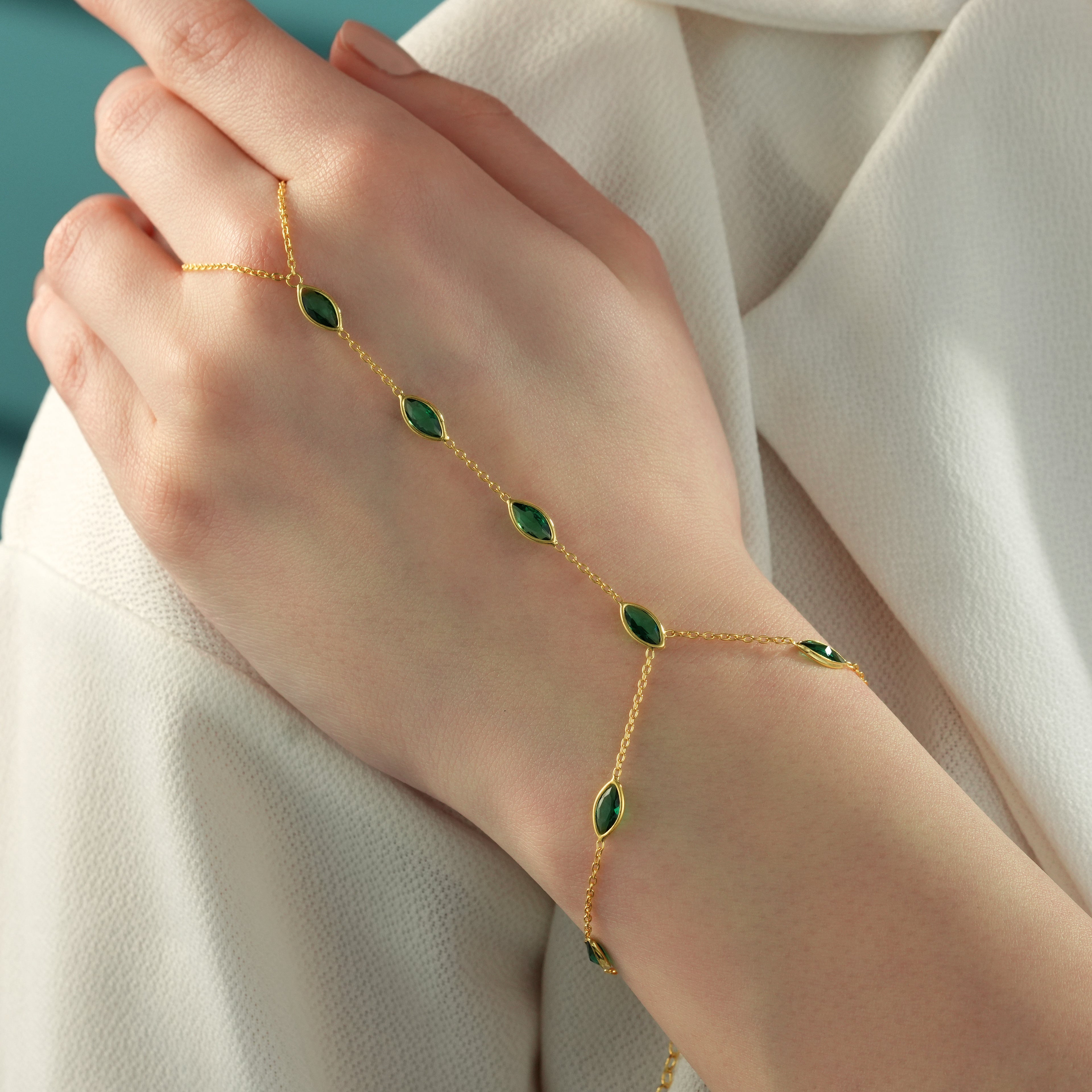 18K Gold Plated Emerald Green CZ Hand Chain Bracelet – 925 Sterling Silver
