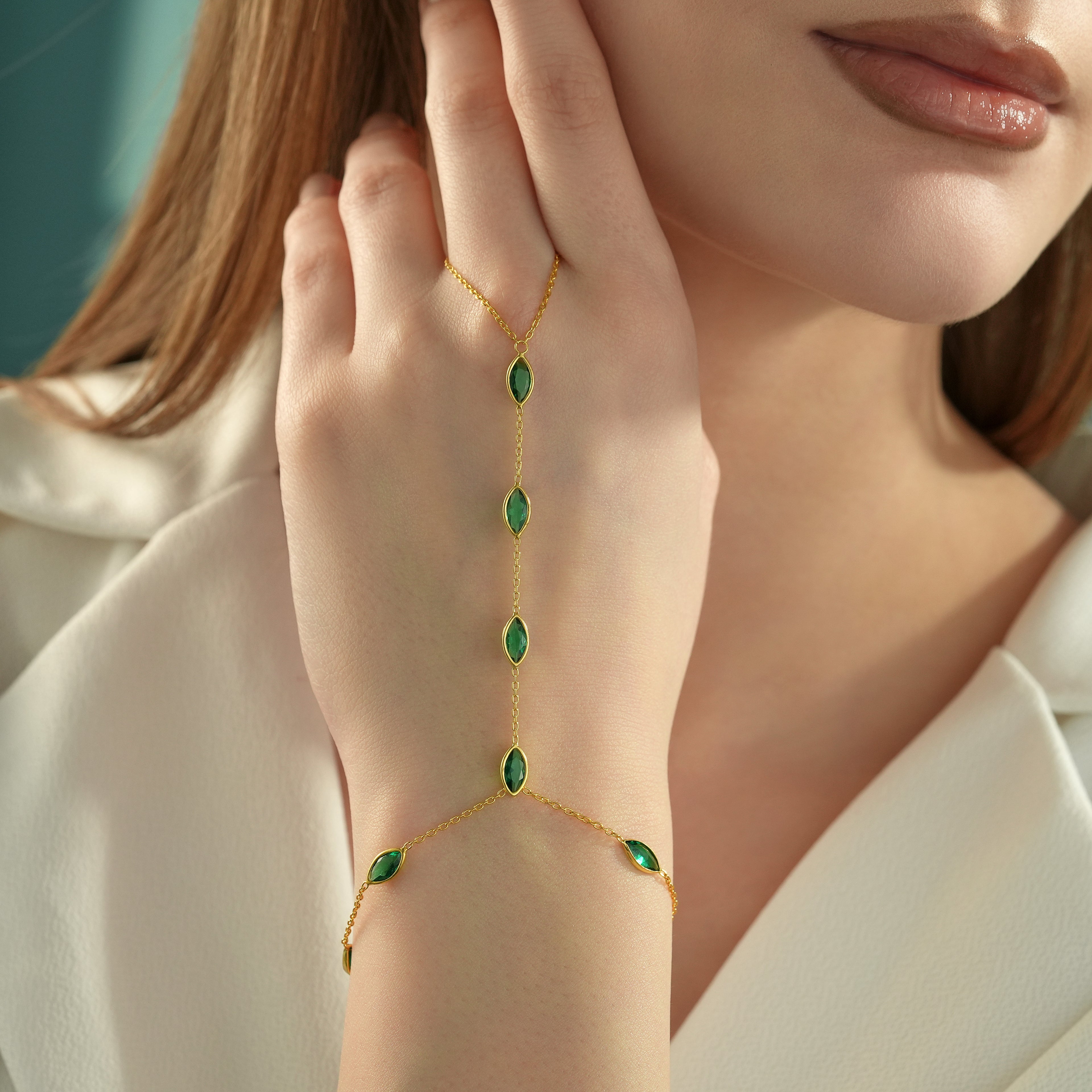 18K Gold Plated Emerald Green CZ Hand Chain Bracelet – 925 Sterling Silver