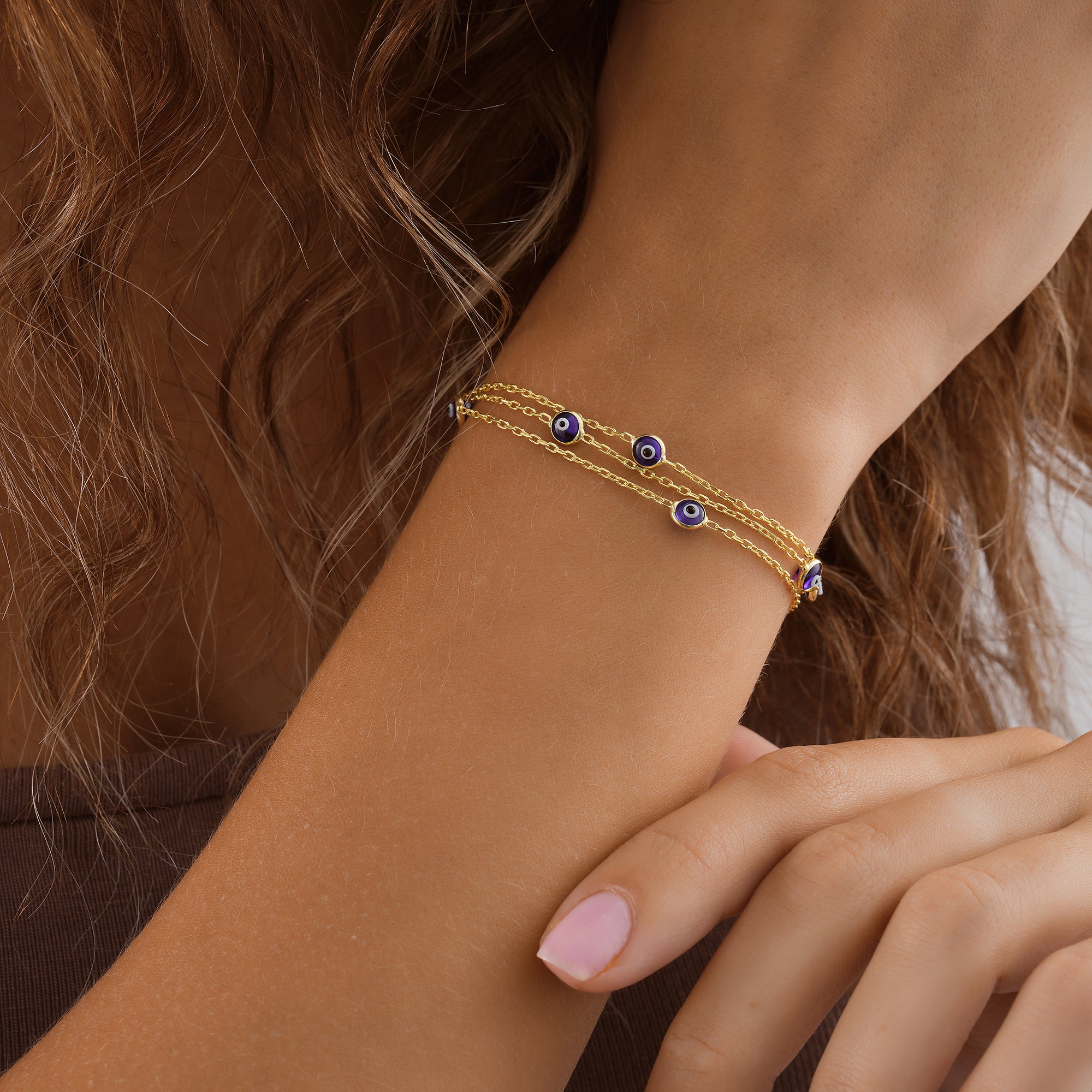 14K Gold Plated Navy Blue Evil Eye Chain Bracelet in 925 Sterling Silver