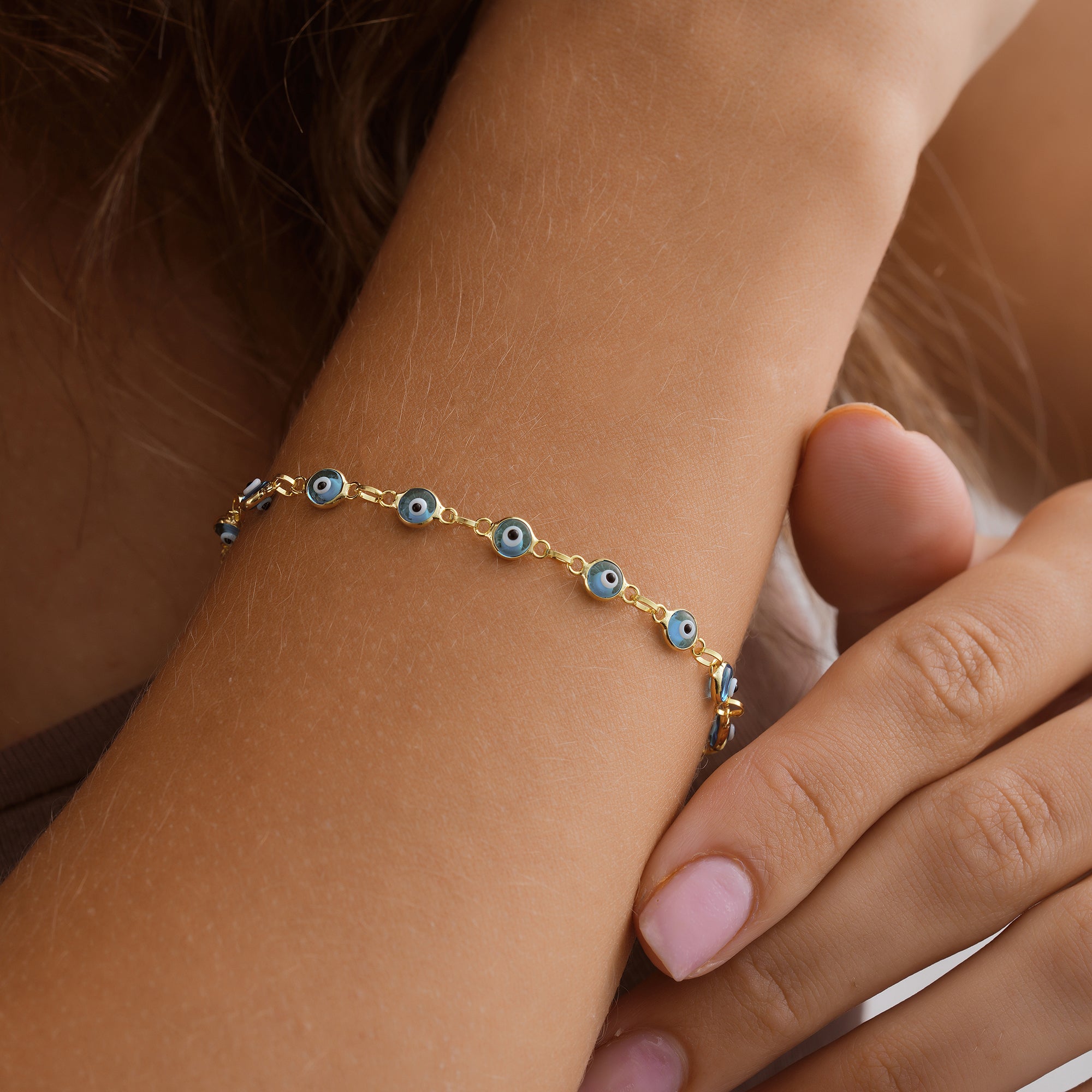 14K Gold Plated 925 Sterling Silver Light Blue Evil Eye Bracelet