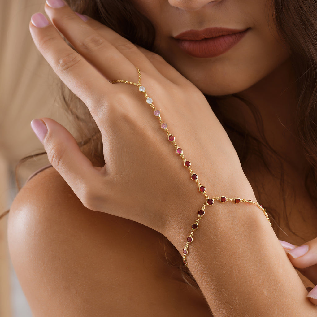 14K Gold Plated Hand Chain Bracelet, Ombre Red Color CZ Ring Bracelet, 925 Sterling Silver