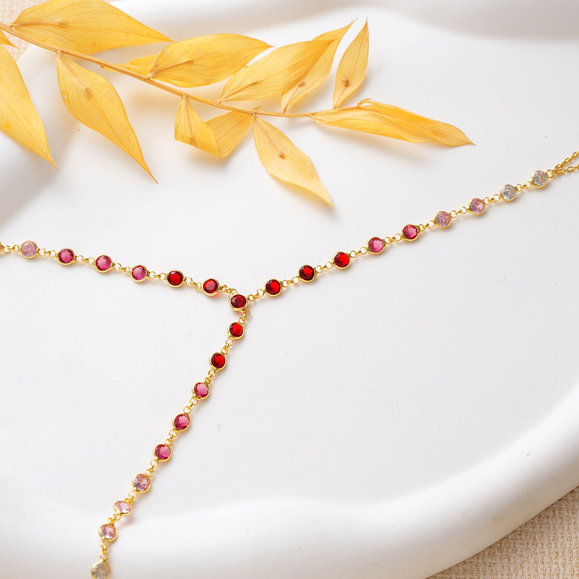 14K Gold Plated Hand Chain Bracelet, Ombre Red Color CZ Ring Bracelet, 925 Sterling Silver