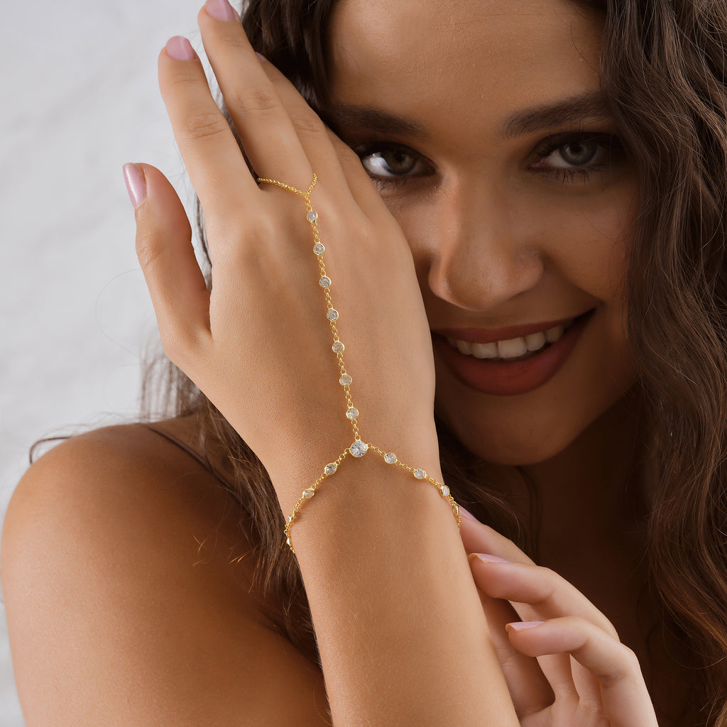 14K Gold Plated Hand Chain Bracelet, White Color CZ Station Ring Bracelet, 925 Sterling Silver