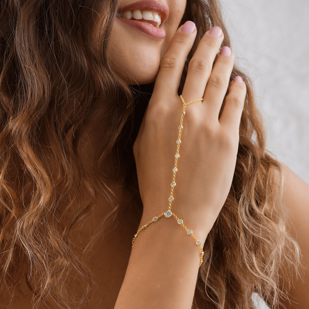 14K Gold Plated Hand Chain Bracelet, White Color CZ Station Ring Bracelet, 925 Sterling Silver
