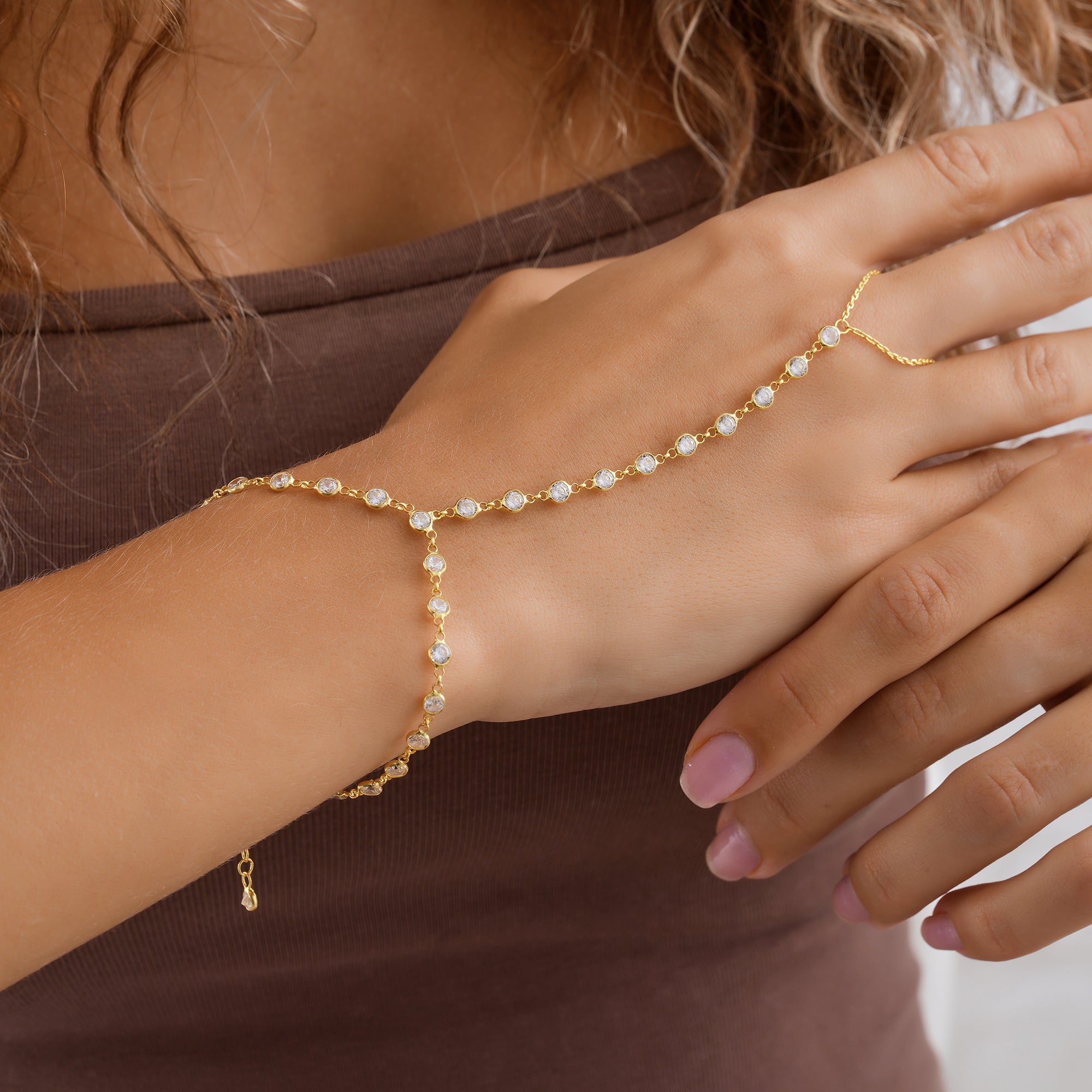 14K Gold Plated Hand Chain Bracelet, White Color CZ Tennis Style Ring Bracelet, 925 Sterling Silver