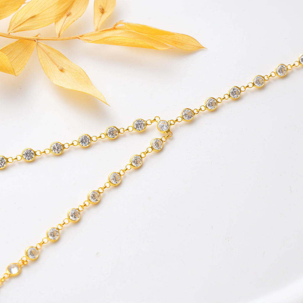 14K Gold Plated Hand Chain Bracelet, White Color CZ Tennis Style Ring Bracelet, 925 Sterling Silver
