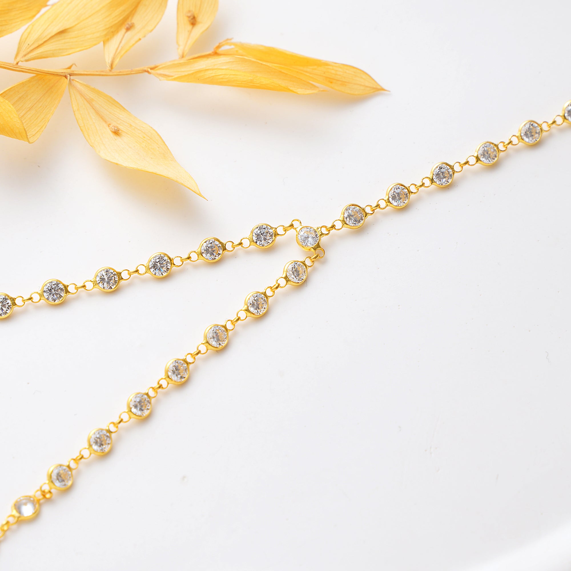 14K Gold Plated Hand Chain Bracelet, White Color CZ Tennis Style Ring Bracelet, 925 Sterling Silver