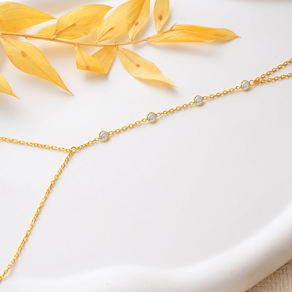 14K Gold Plated Hand Chain Bracelet, White Color CZ Ring Bracelet, 925 Sterling Silver