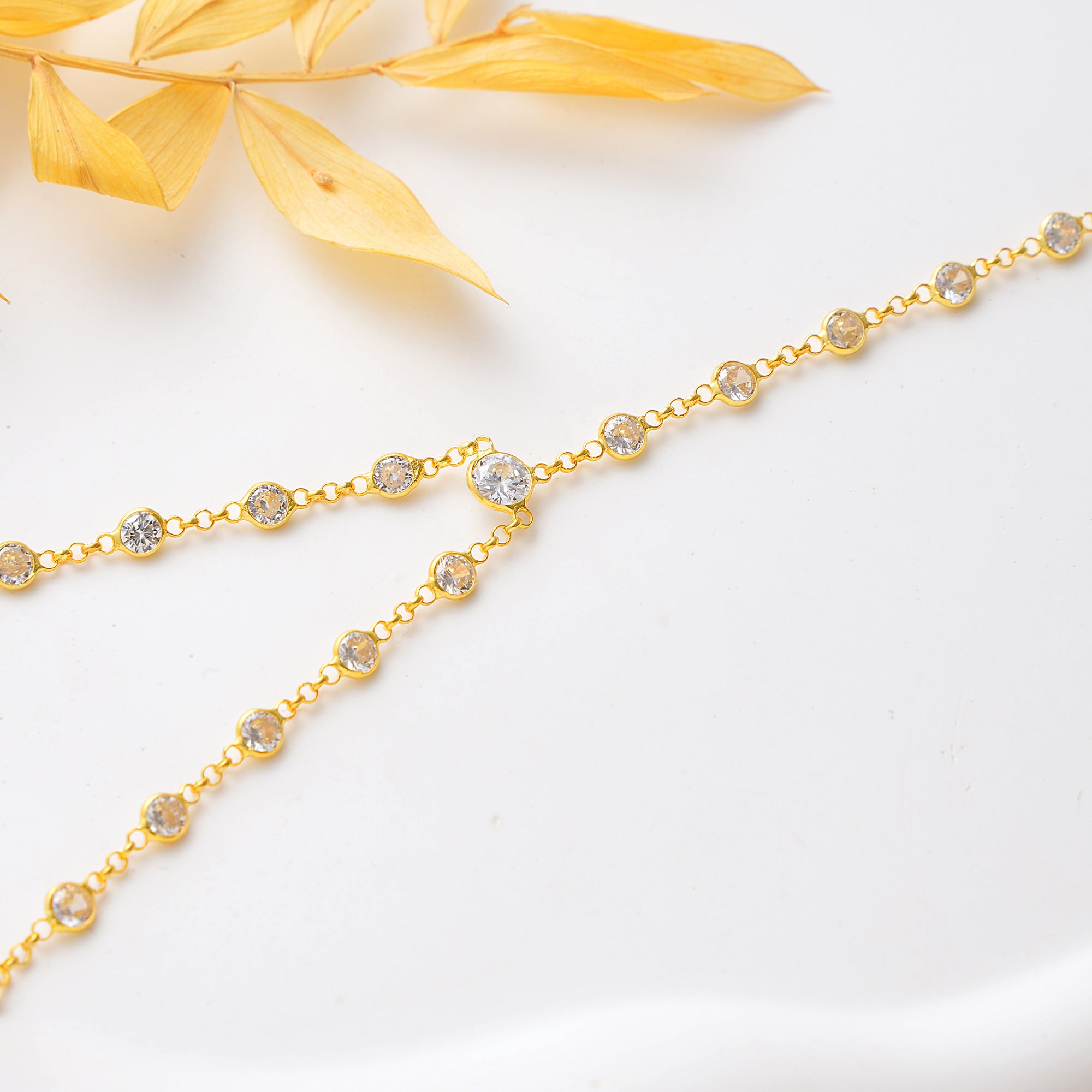 14K Gold Plated Hand Chain Bracelet, White Color CZ Station Ring Bracelet, 925 Sterling Silver