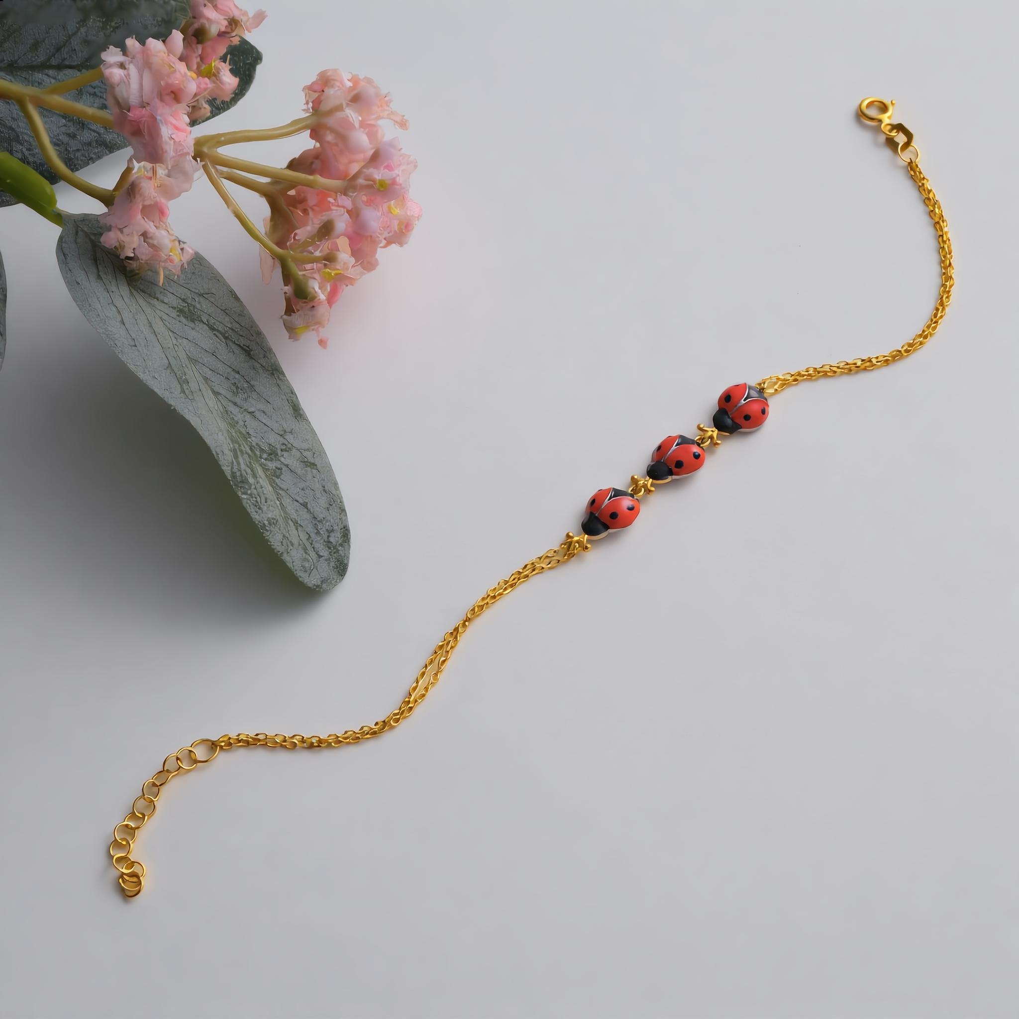 14K Gold Plated Ladybug Bracelet, Enamel Ladybug Charm Bracelet, 925 Sterling Silver