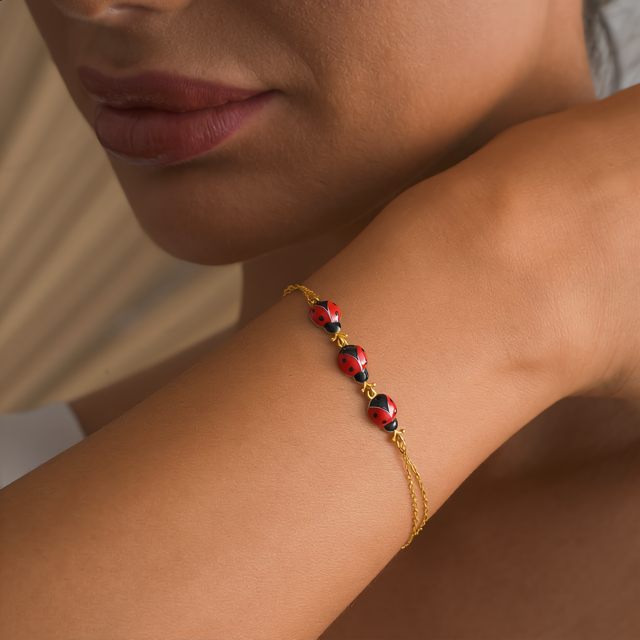 14K Gold Plated Ladybug Bracelet, Enamel Ladybug Charm Bracelet, 925 Sterling Silver