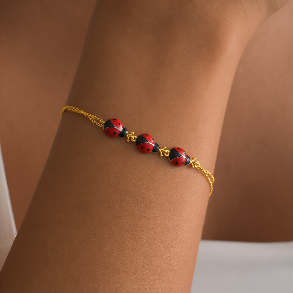 14K Gold Plated Ladybug Bracelet, Enamel Ladybug Charm Bracelet, 925 Sterling Silver