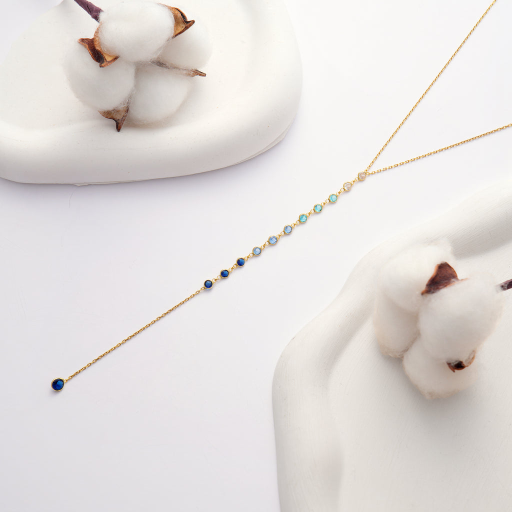 925 Sterling Silver Y Necklace, Ombre Blue to Clear Color CZ Station Necklace
