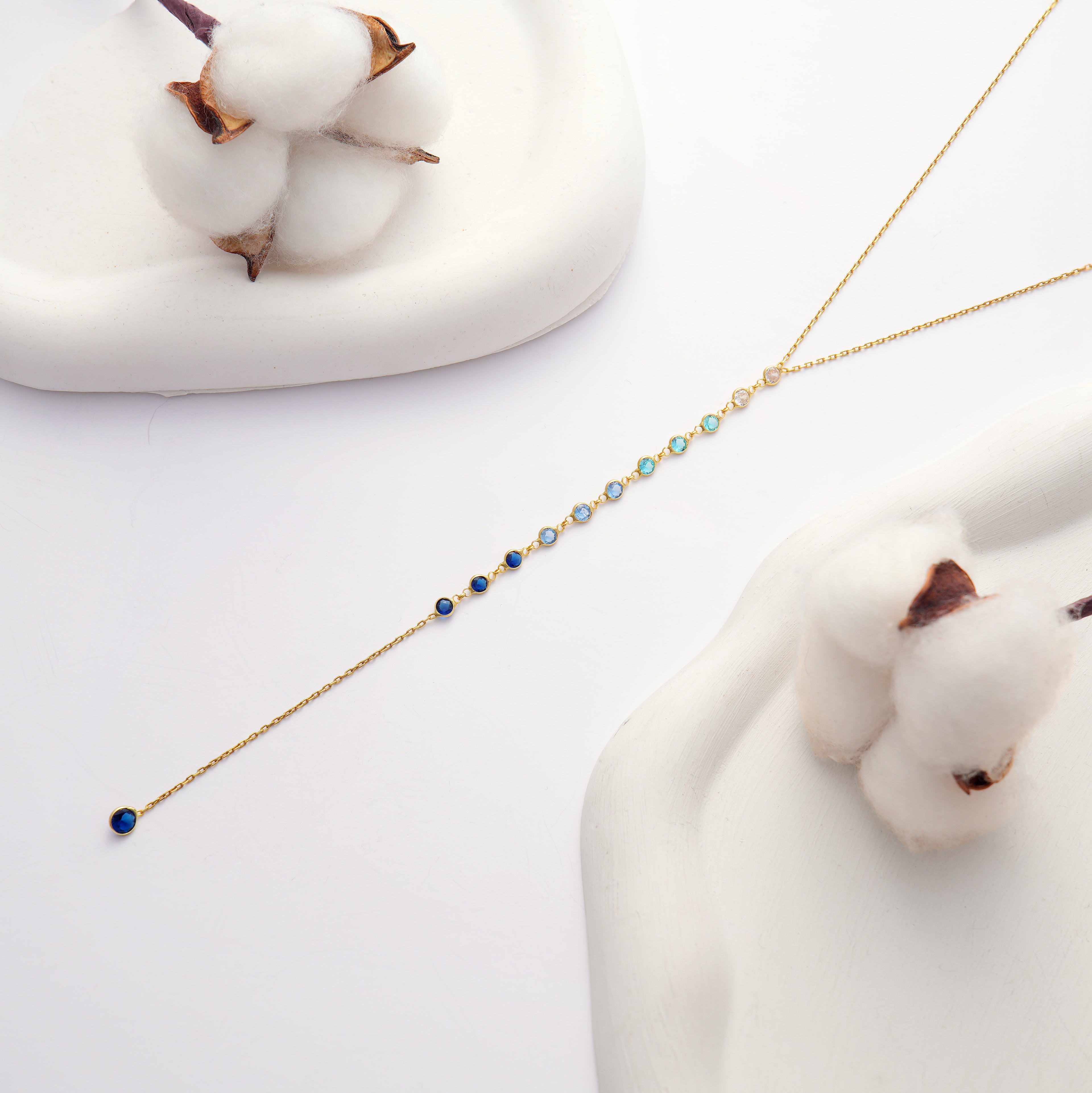925 Sterling Silver Y Necklace, Ombre Blue to Clear Color CZ Station Necklace