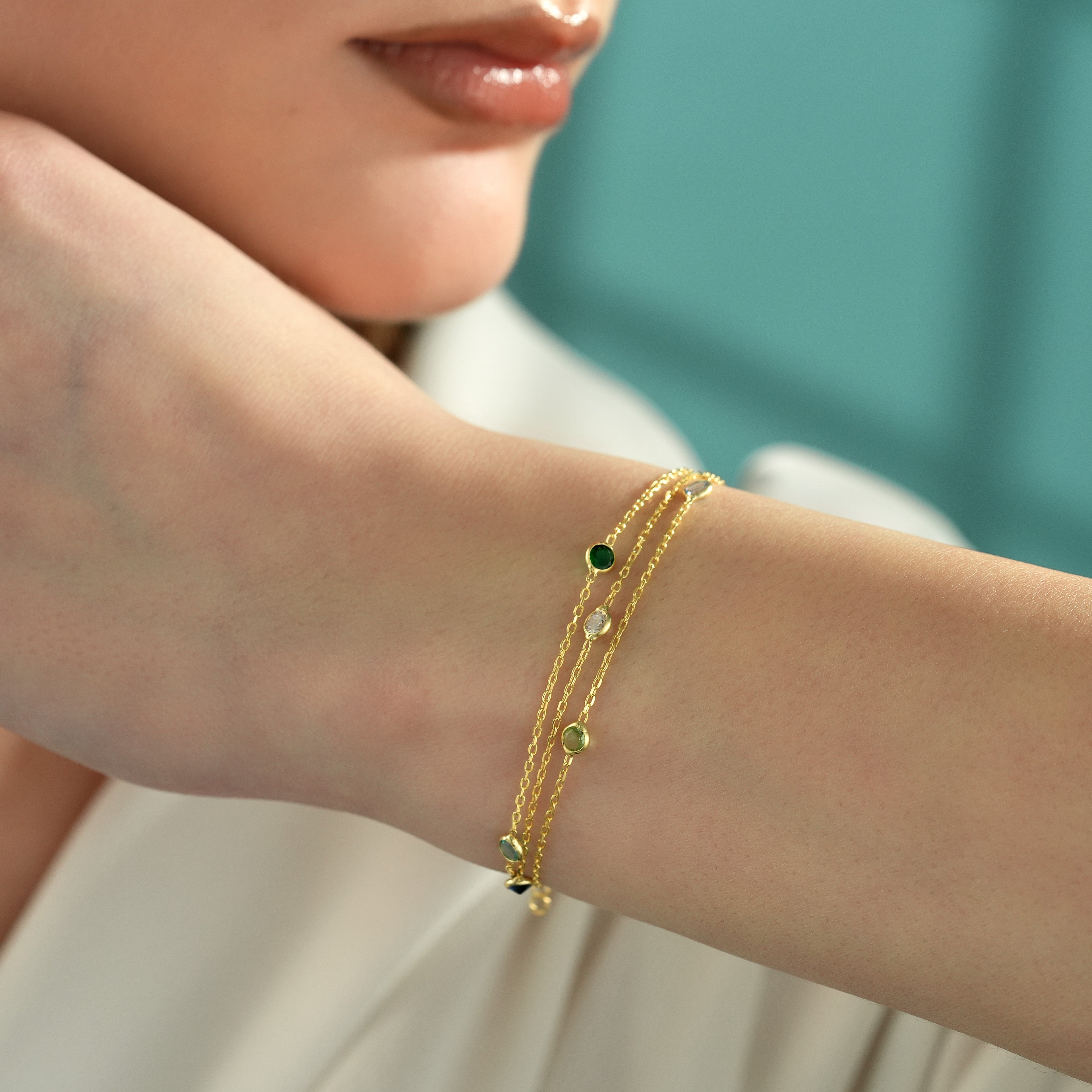 14K Gold Plated Multicolor CZ Triple Layer Bracelet – 925 Sterling Silver