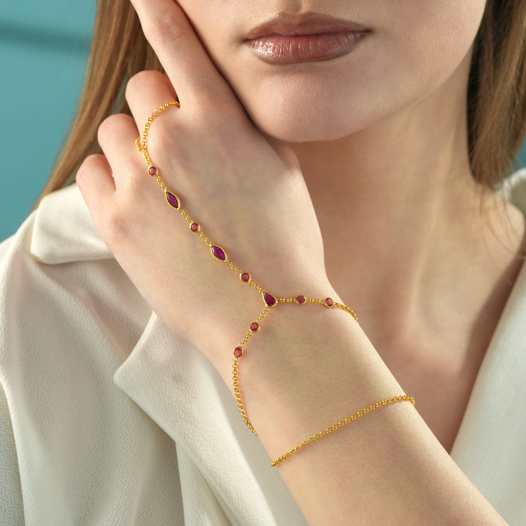 14K Gold Plated Hand Chain Bracelet, Ruby Color CZ Ring Bracelet, 925 Sterling Silver