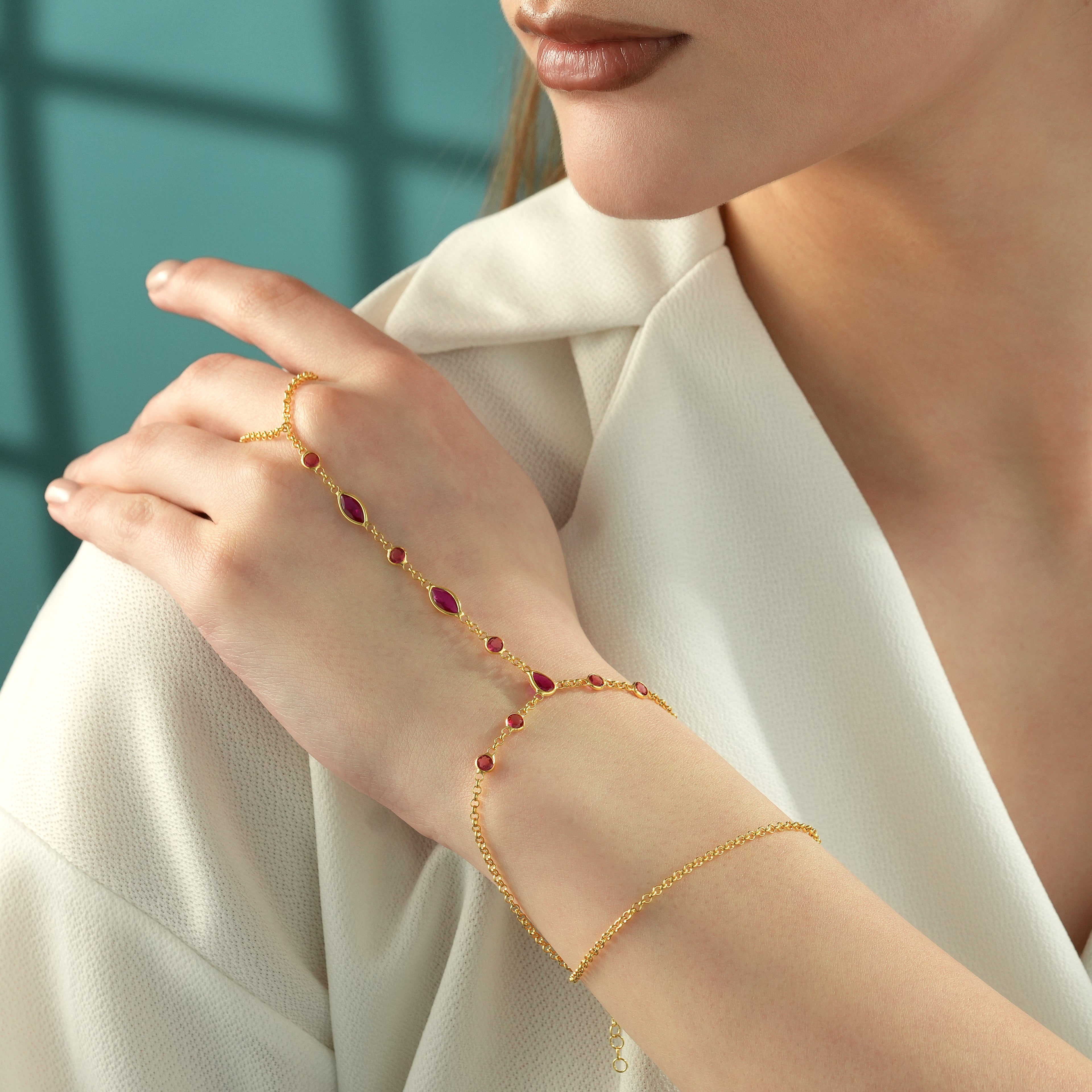 14K Gold Plated Hand Chain Bracelet, Ruby Color CZ Ring Bracelet, 925 Sterling Silver