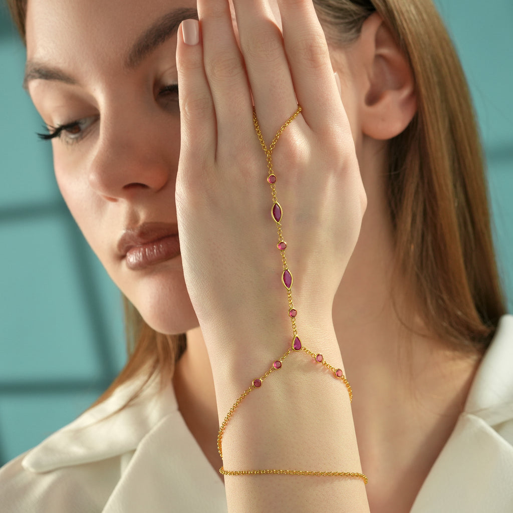 14K Gold Plated Hand Chain Bracelet, Ruby Color CZ Ring Bracelet, 925 Sterling Silver