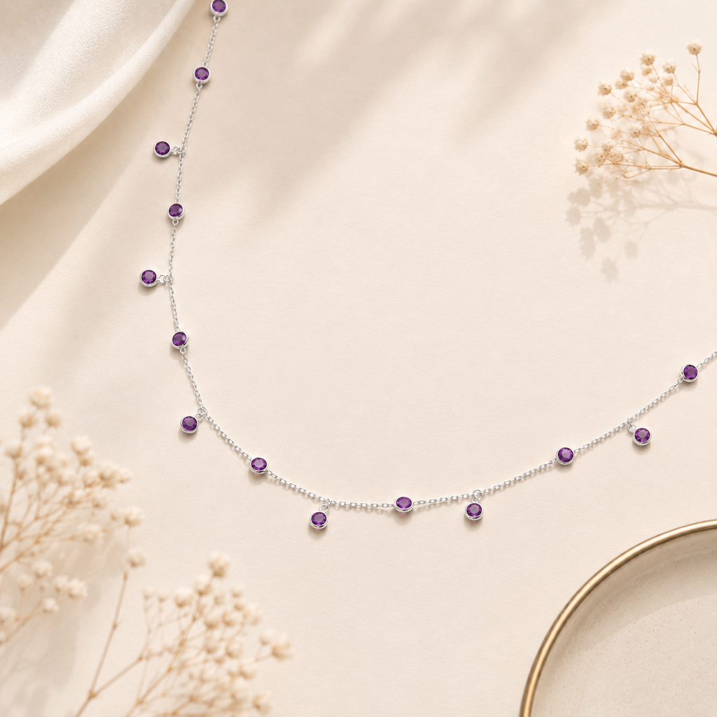 925 Sterling Silver Sapphire Blue CZ Dainty Drop Necklace | Minimalist Station Necklace