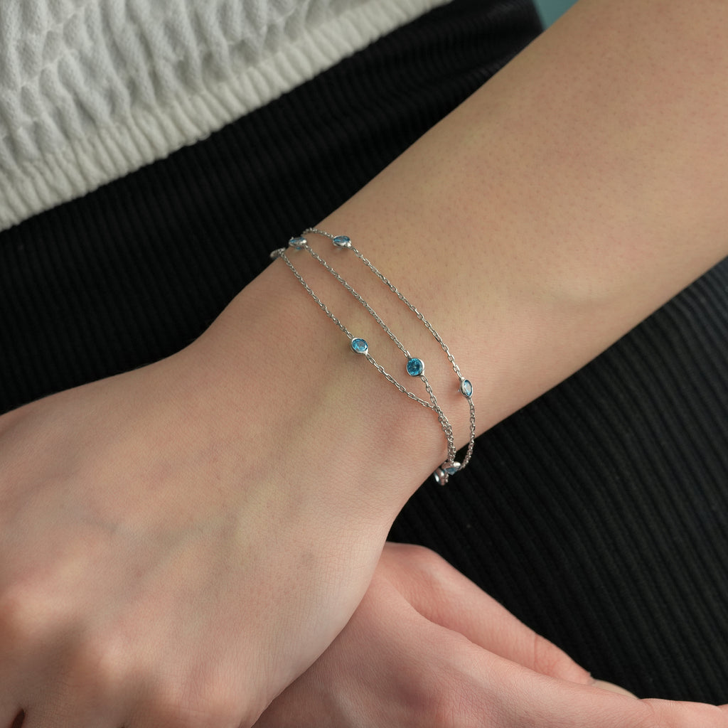 925 Sterling Silver Triple Layer Bracelet, Aquamarine Color CZ Station Bracelet
