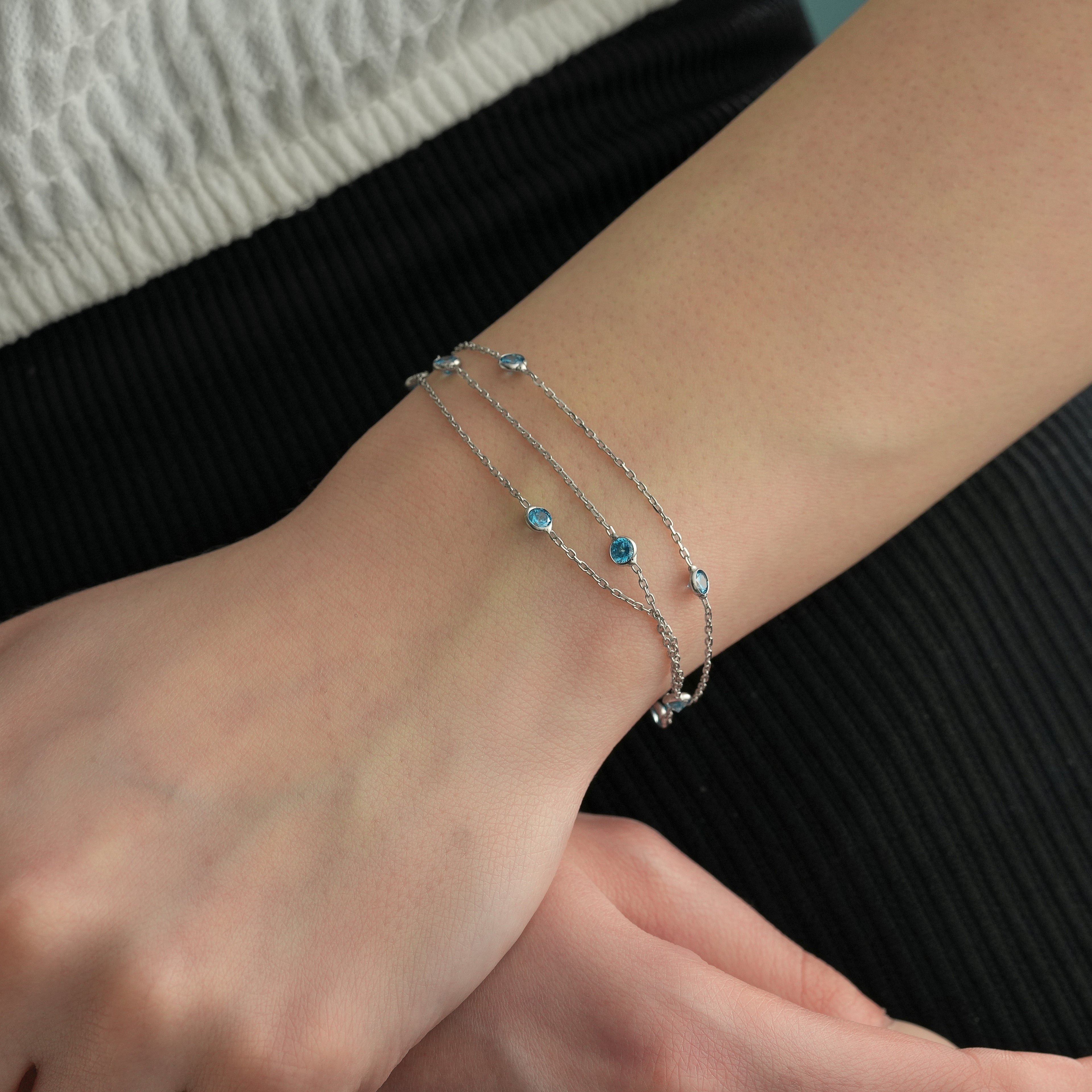925 Sterling Silver Triple Layer Bracelet, Aquamarine Color CZ Station Bracelet