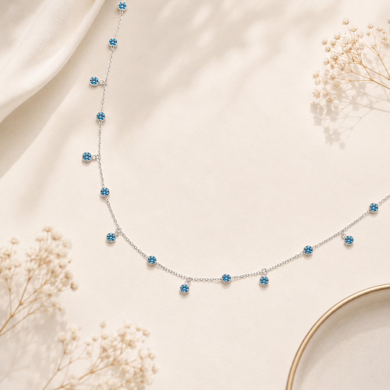 925 Sterling Silver Sapphire Blue CZ Dainty Drop Necklace | Minimalist Station Necklace