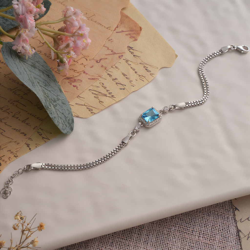 925 Sterling Silver Aquamarine Color Cubic Zirconia Halo Bracelet