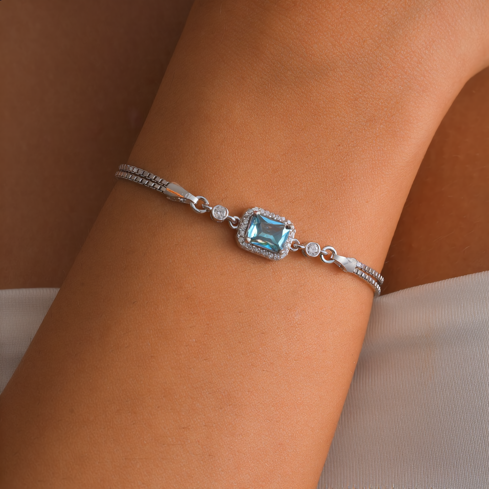 925 Sterling Silver Aquamarine Color Cubic Zirconia Halo Bracelet
