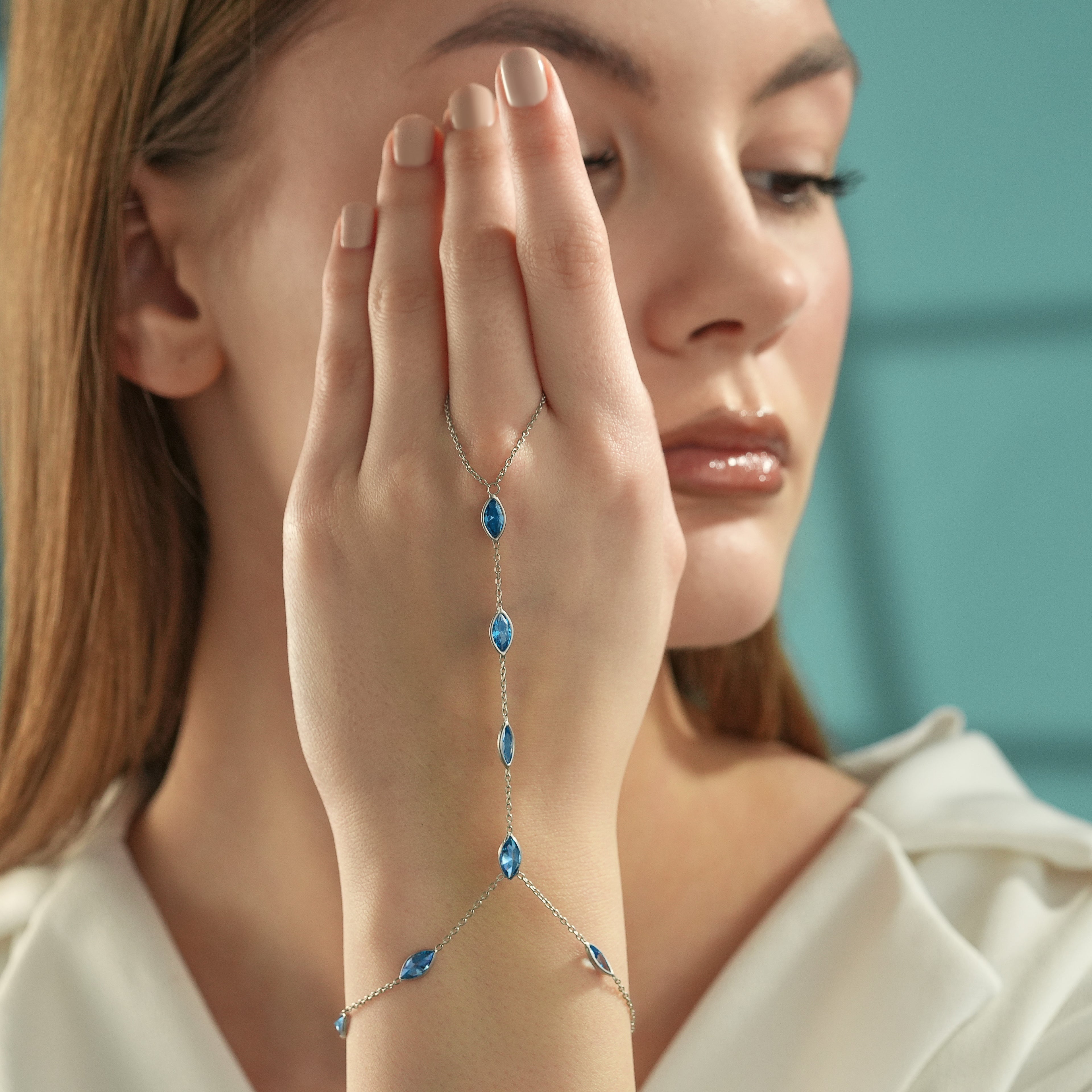 Aquamarine Blue CZ Hand Chain Bracelet – 925 Sterling Silver