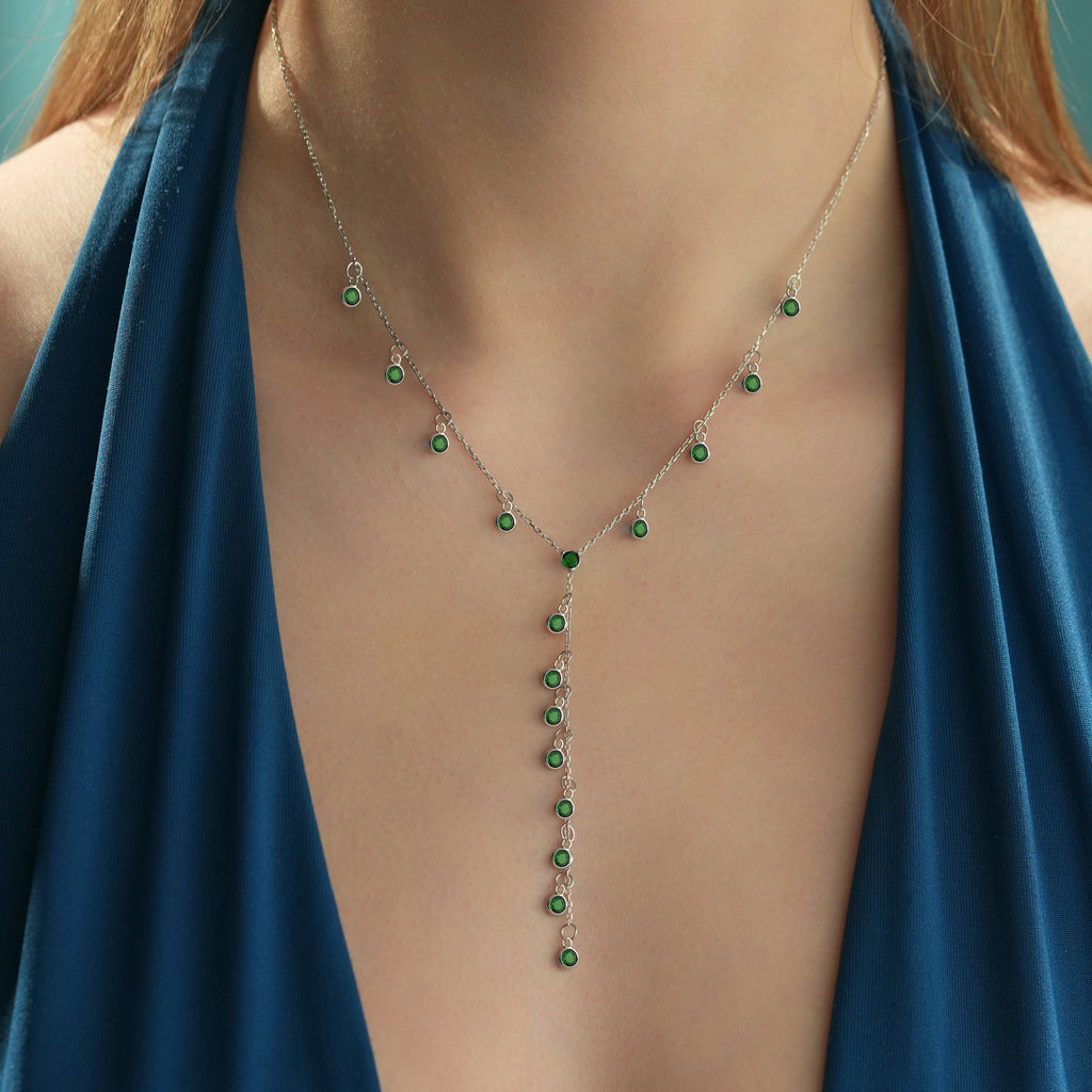 Emerald Green CZ Lariat Y Necklace – 925 Sterling Silver